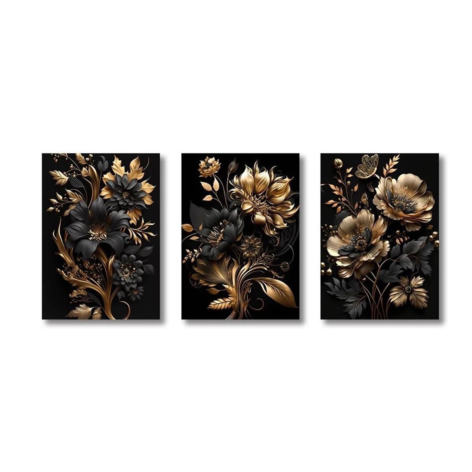 Affiche De Fleurs Nordique pour créer une ambiance chic de salon avec ce triptyque or noir