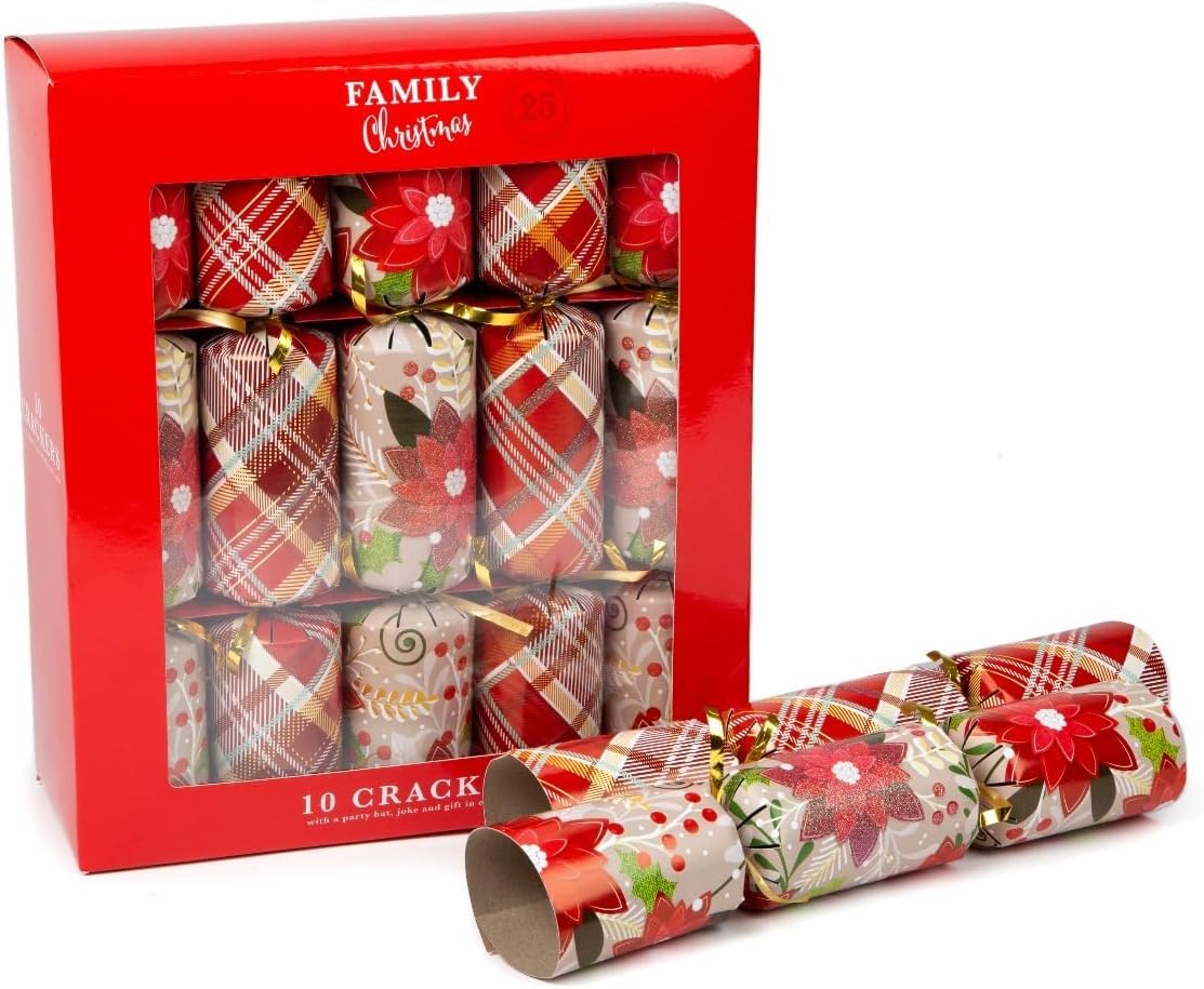 shopior Family Christmas Party Crackers for Loved Ones | Family Crackers with Novelty Gifts | Pack of 10 Luxury Christmas Festive Crackers | Xmas Gift (Family Cracker - Tartan & Poinsettia)