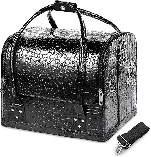 Professional PU Leather Makeup Case | Beauty Box with 5 Sections – Large Waterproof Vanity Organizer – Ideal Travel Handbag for Women & Girls – Black