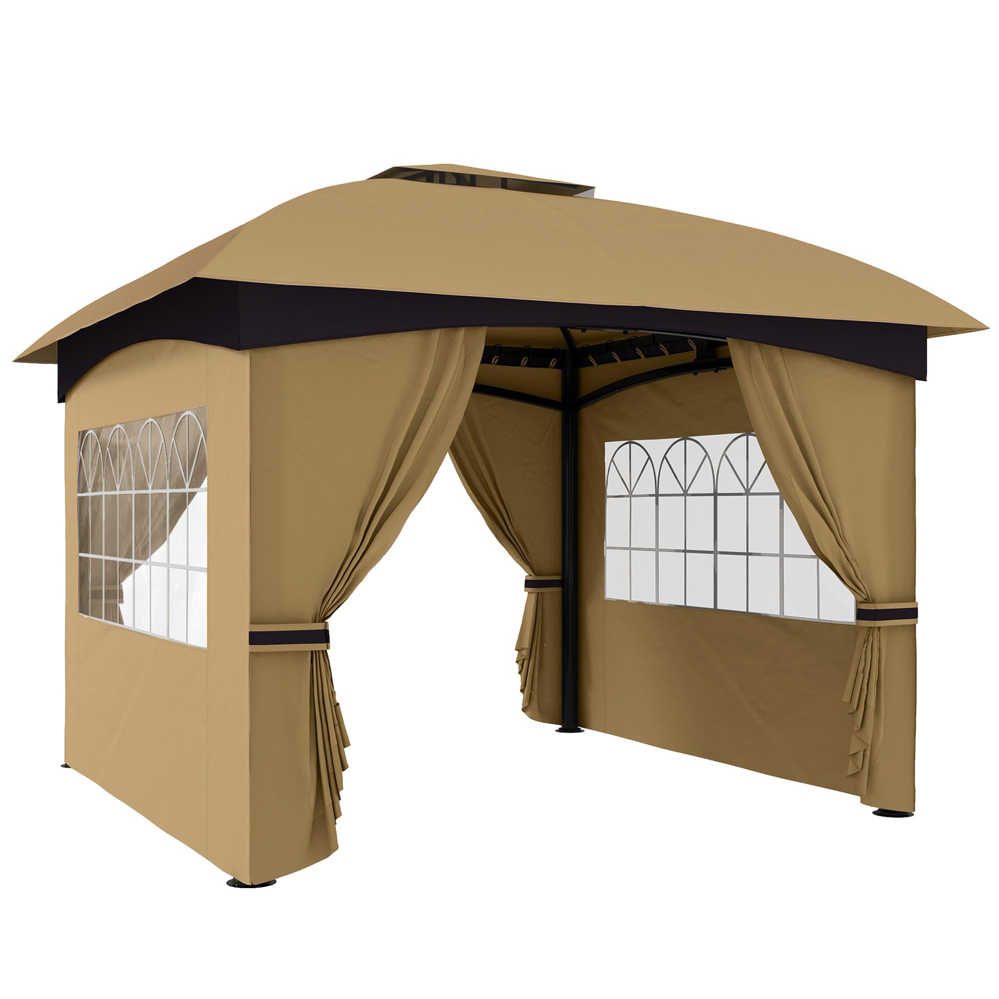 Outsunny Gazebo da Giardino 3.4x3.4 m con Pareti Laterali e Finestre, Gazebo da Esterno Resistente Protezione UV Tenda Tendone Padiglione per Feste con Tetto a 2 Livelli, Struttura in Metallo, Beige