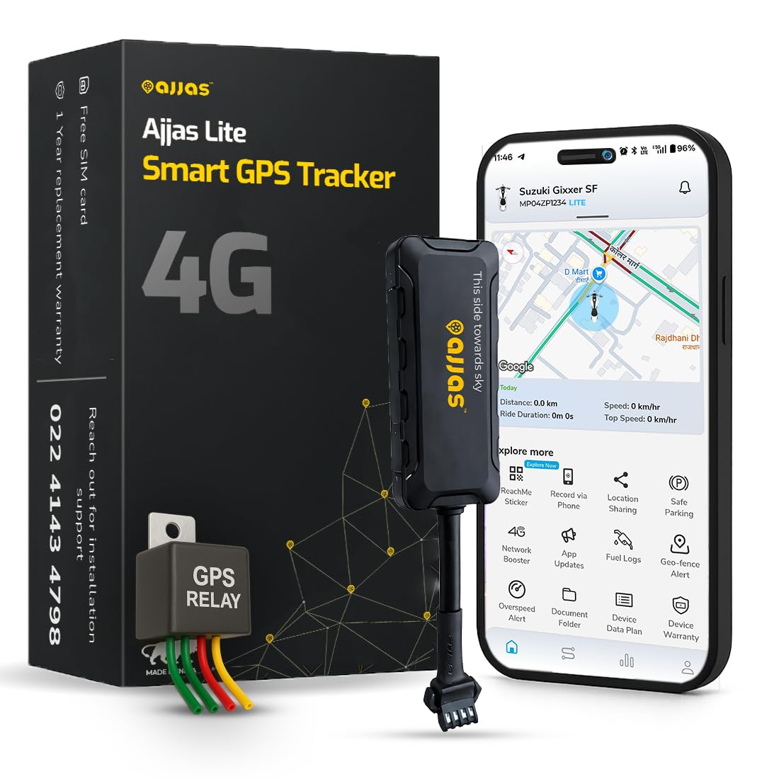 Ajjas 4G Lite (Remote Engine Lock) - Wired Hidden AI Smart GPS with Driving Score, Location Tracking, Geo Fence Alert, More 15+ Features for Car, Bike, Truck, Bus with (1 Year Free Premium App)