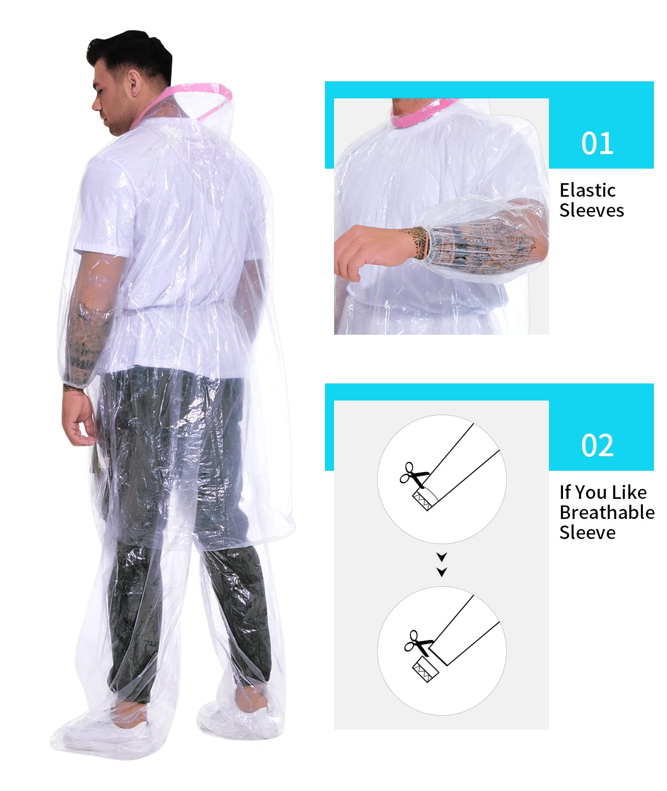 Einweg Regencape mit Kaputze, Übergröße transparent & wasserdicht für Erwachsene Regenponcho, 2 Stück Regenmäntel Regenhosen Anzug