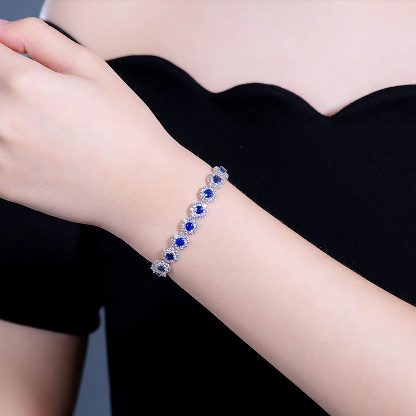 Pulseras Mujer Oro Blanco 9Kt / 14Kt / 18Kt, Flor y Redondo con Zafiro Creado de 7,7 ct y Diamante, Cadena 16 CM, Pulsera de Mujer Plata Azul