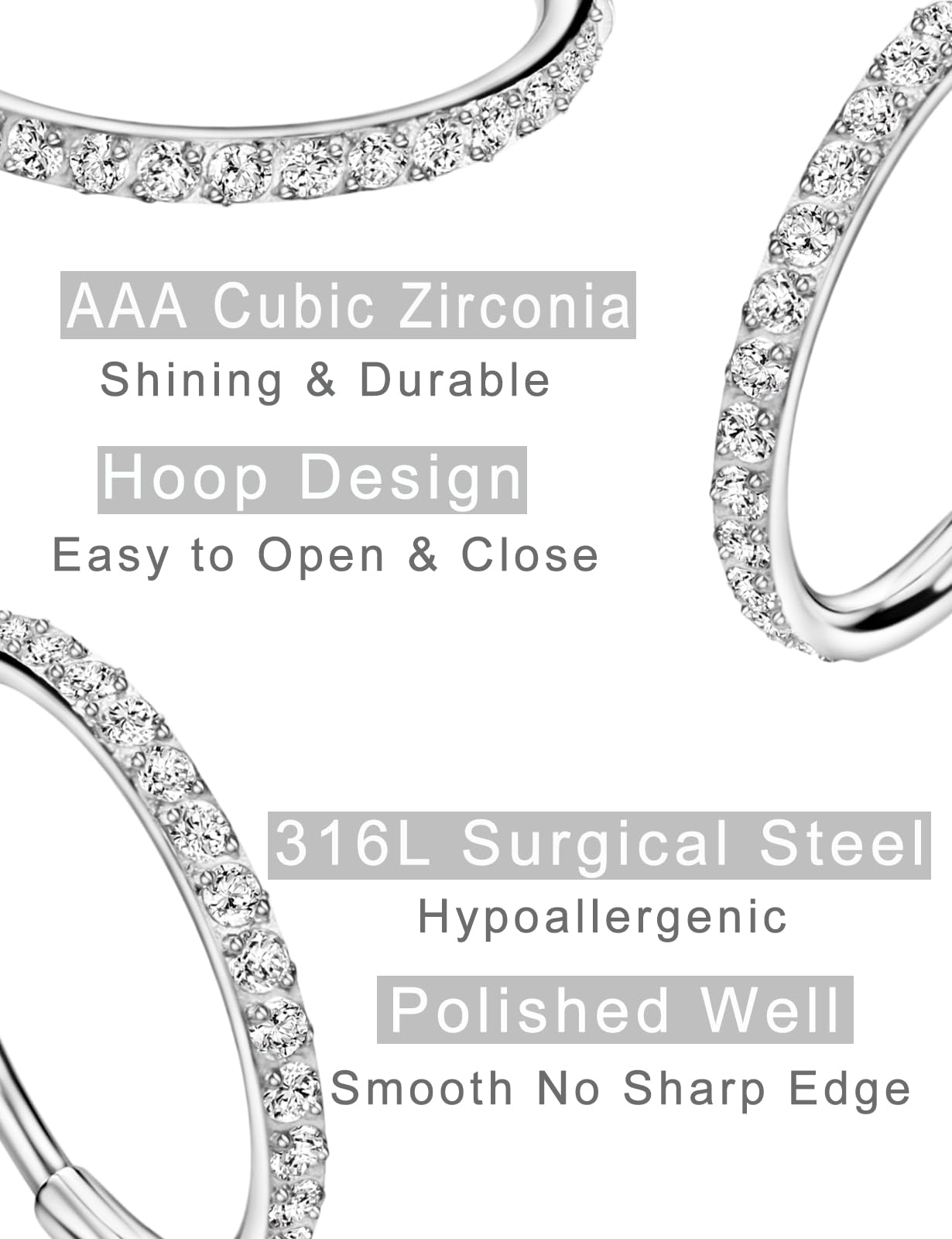 Feng Shui， 20G 18G 16G Klare CZ Nasenringe Hoop 316L Chirurgenstahl Knorpelohrringe Hoop 5-12mm Piercingschmuck Daith Helix Rook Tragus Piercingschmuck Edelstahlohrring Silber Conch Piercingschmuck
