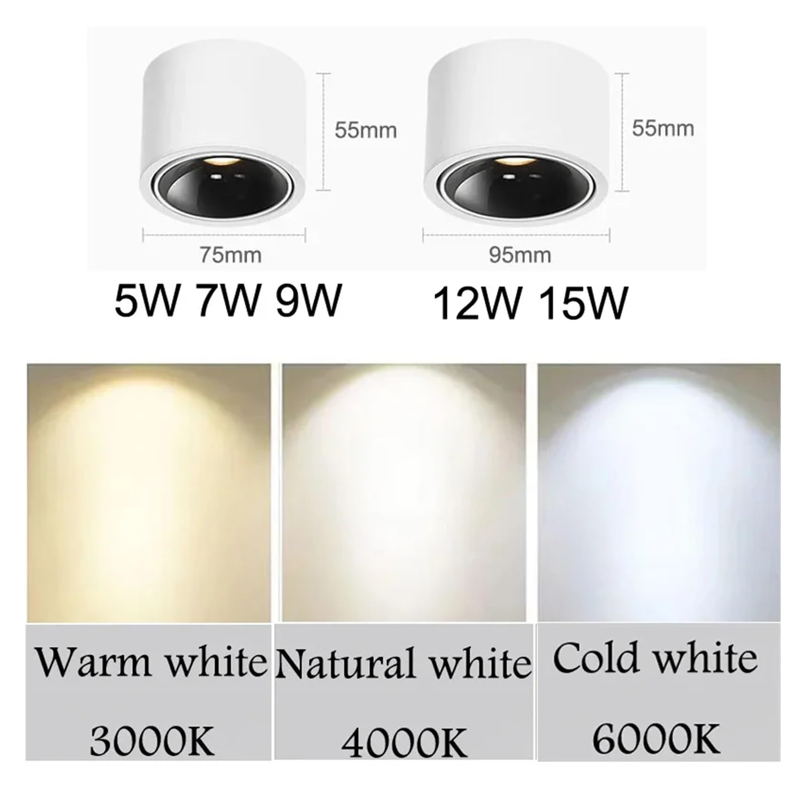 eufeifeiegds Innenbeleuchtung 5W 7W 9W 12W 15W Aufputz-Deckenleuchte, kleiner LED-Spot, verstellbarer Winkel, COB-Superhell-Downlight(Natural white 4000K,BLACK DIMMABLE_15W)