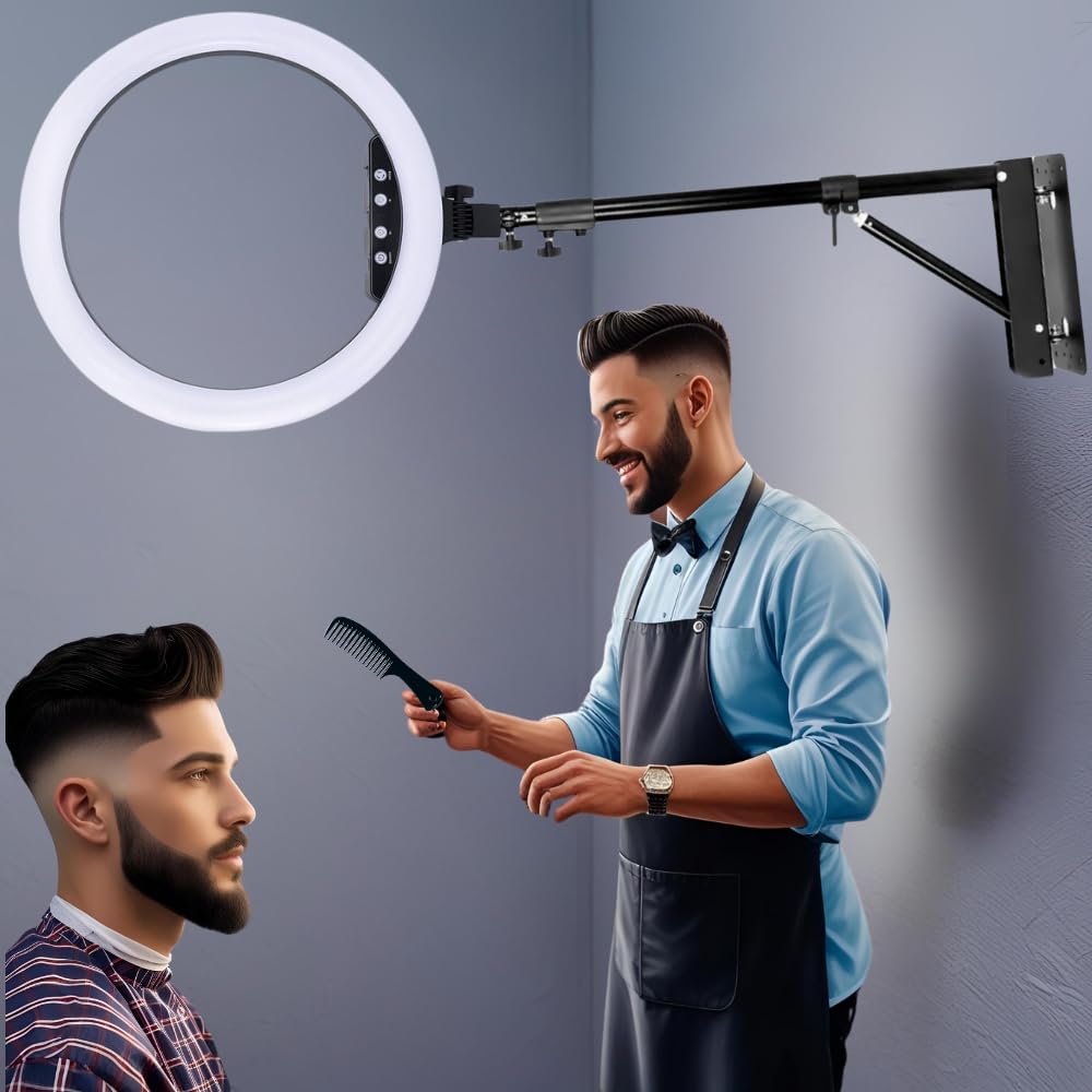 Anillo LED regulable + mando a distancia + brazo techo de pared 360° barber shop esteticista salón 2700k-6500k
