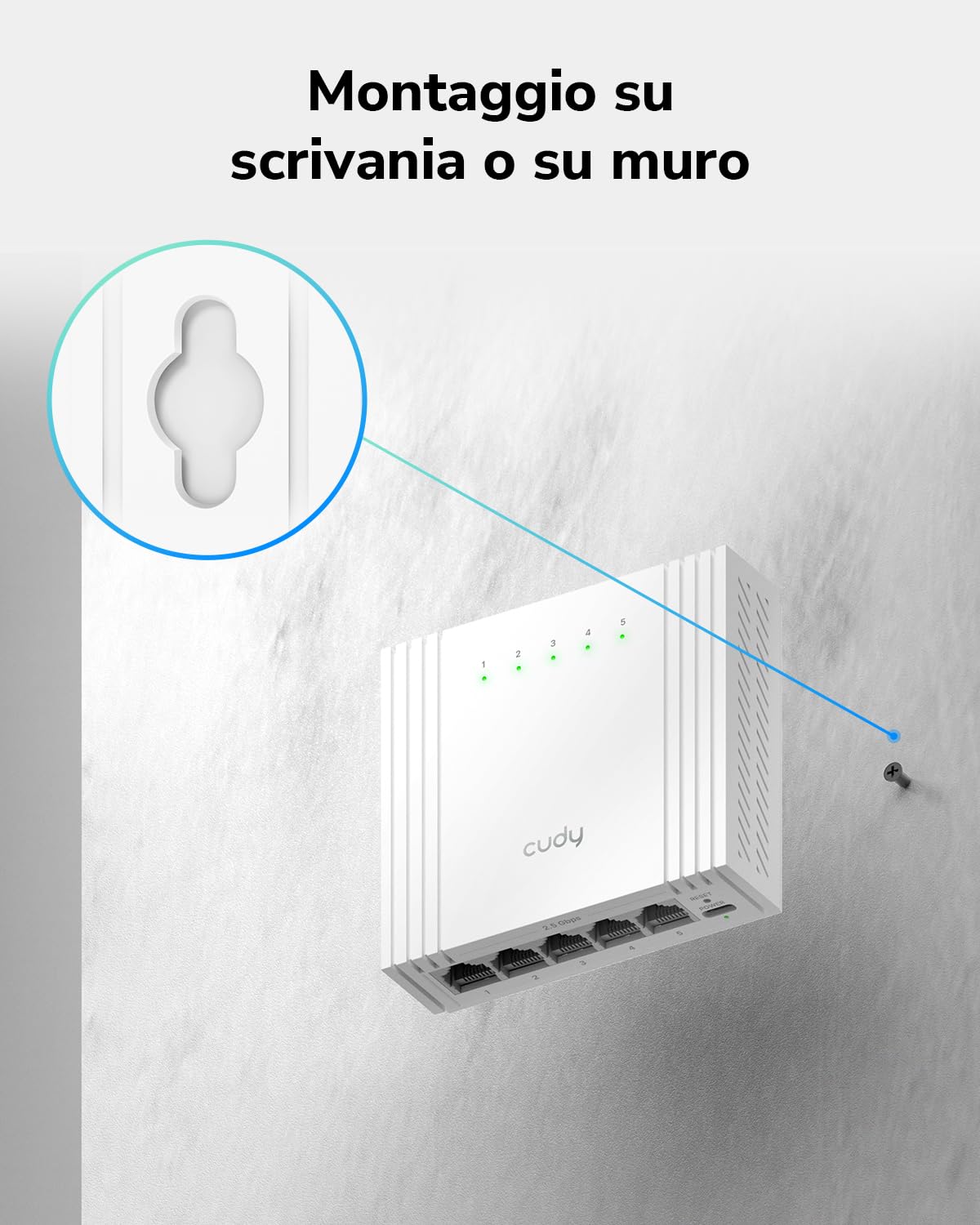 Cudy Switch Ethernet 5 Porte 2,5G Gestito USB‑C HS105U | Controllo web, VLAN, QoS, loop prevention, Cat5e, Silent, NAS, Gaming, ufficio, desktop setups, montaggio parete
