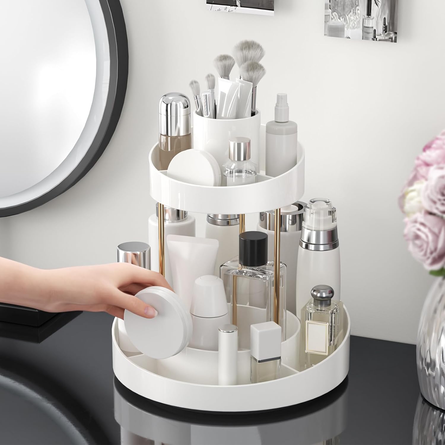 2 tier Makeup Organizer Countertop,360 Rotating Makeup Organizer for Skincare, Lipstick and Perfumes,Multi-function Cosmetic Display Cases for Vanity,Bathroom,White - Image 4