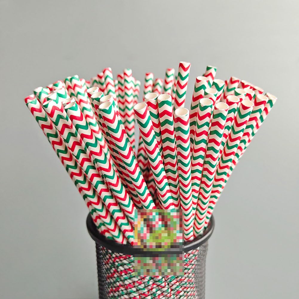 100 Pcs Christmas Paper Straws Holiday Drink Straws Xmas Drinking Straws Biodegradable Paper Straws Christmas Party Decorations Supplies Red Green Wave