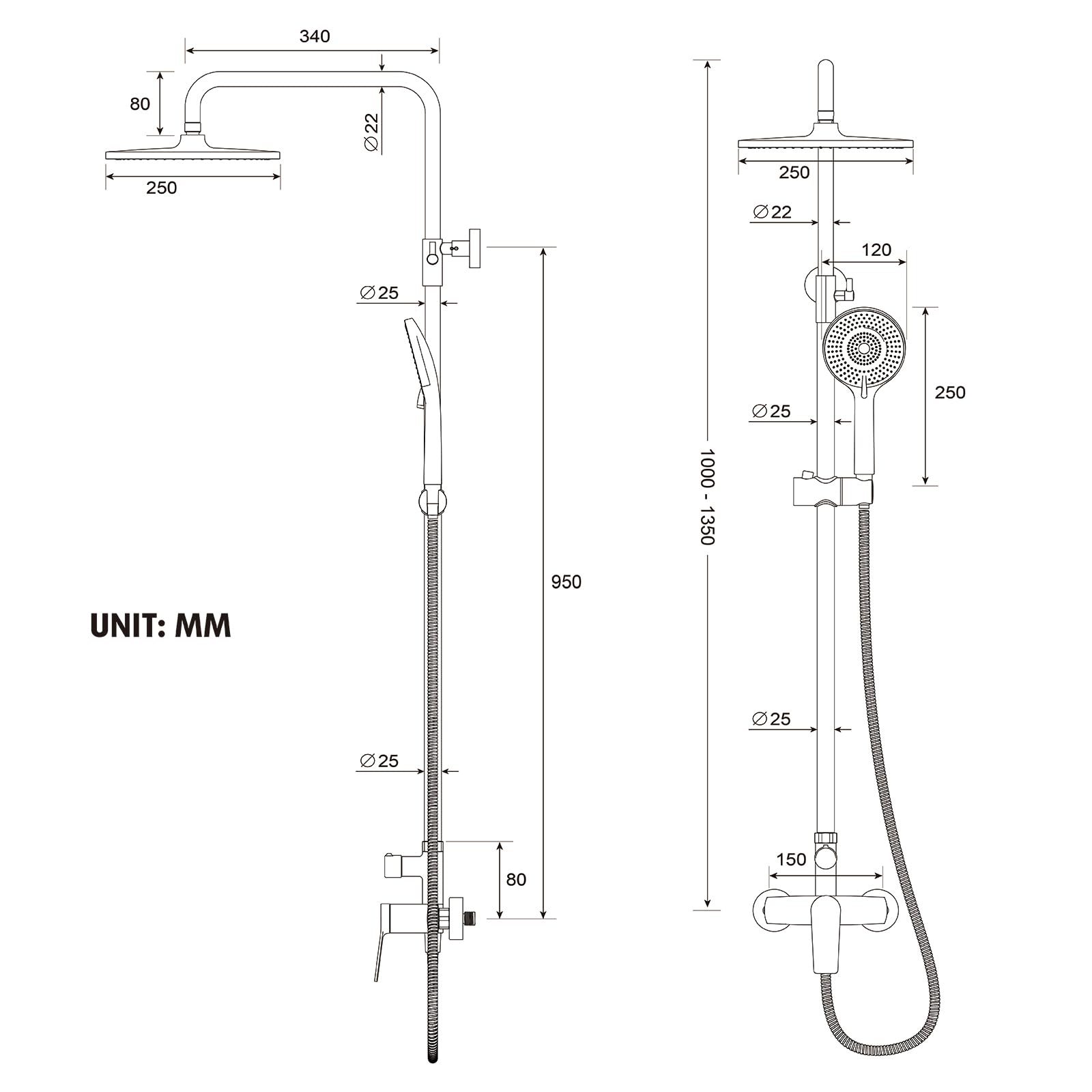 Rainsworth Colonna Doccia con Miscelatore Nero, 25 cm rotondo soffione doccia, doccia a mano 3 Funzione Doccetta, kit doccia, doccia completa