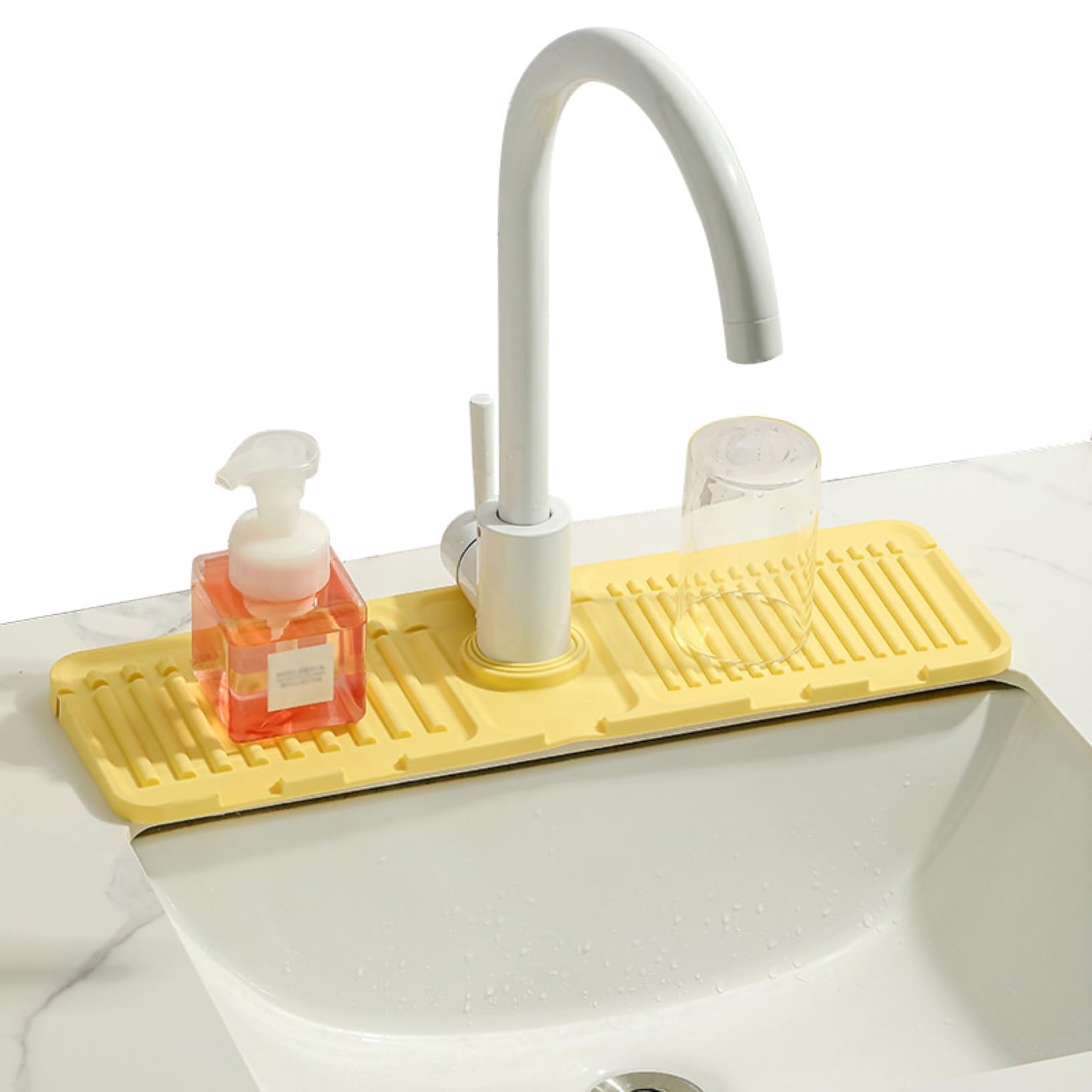 TQQEPOOL Kitchen Sink Splash Guard, Silicone Faucet Mat For Kitchen, 5° Slope Design For Easier Draining,Foldable Design For Around Faucet Handle (Color : Yellow, Size : 44.5 * 14cm)