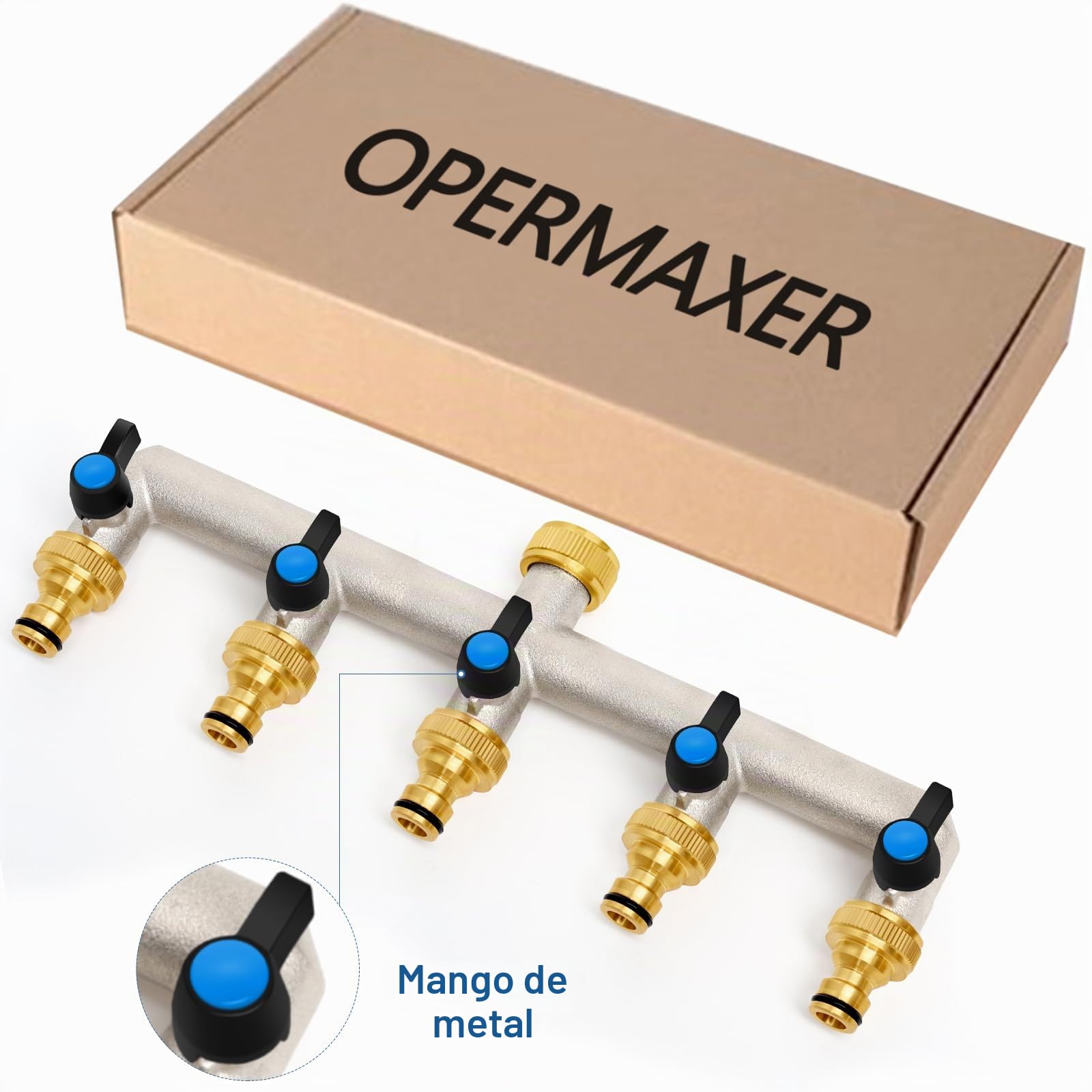 Distribuidor de agua de latón de 5 vías para 5 dispositivos/mangueras de jardín, distribuidor de 5 unidades, adaptador de 3/4 pulgadas, con válvula de bola para ajustar y cerrar el flujo de agua