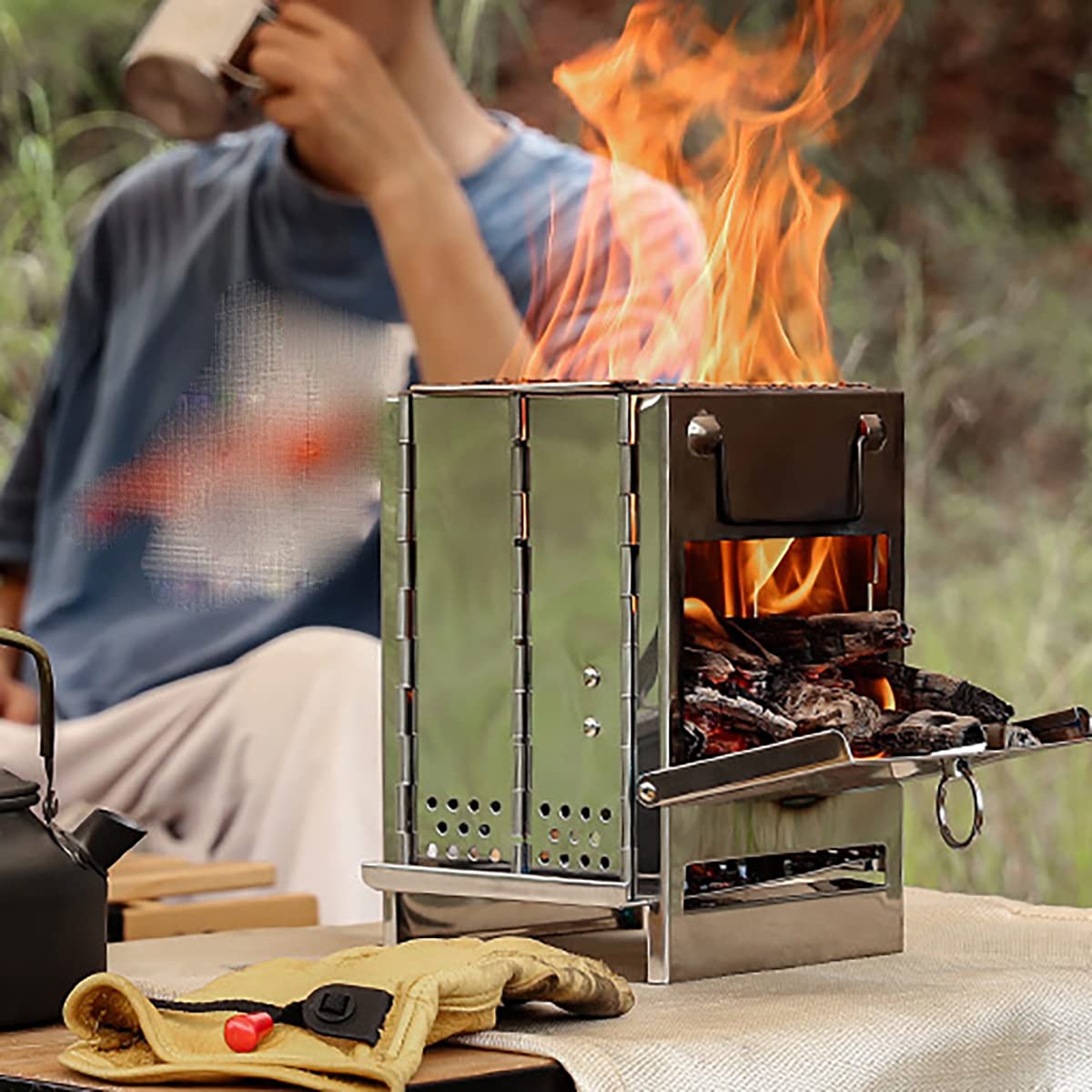 Mini Portable 304 Inoxydable Camping Poêle à Bois, Réchaud de Camping, pour Tentes De Randonnée Cuisinage De Pique-Nique Barbecue,M