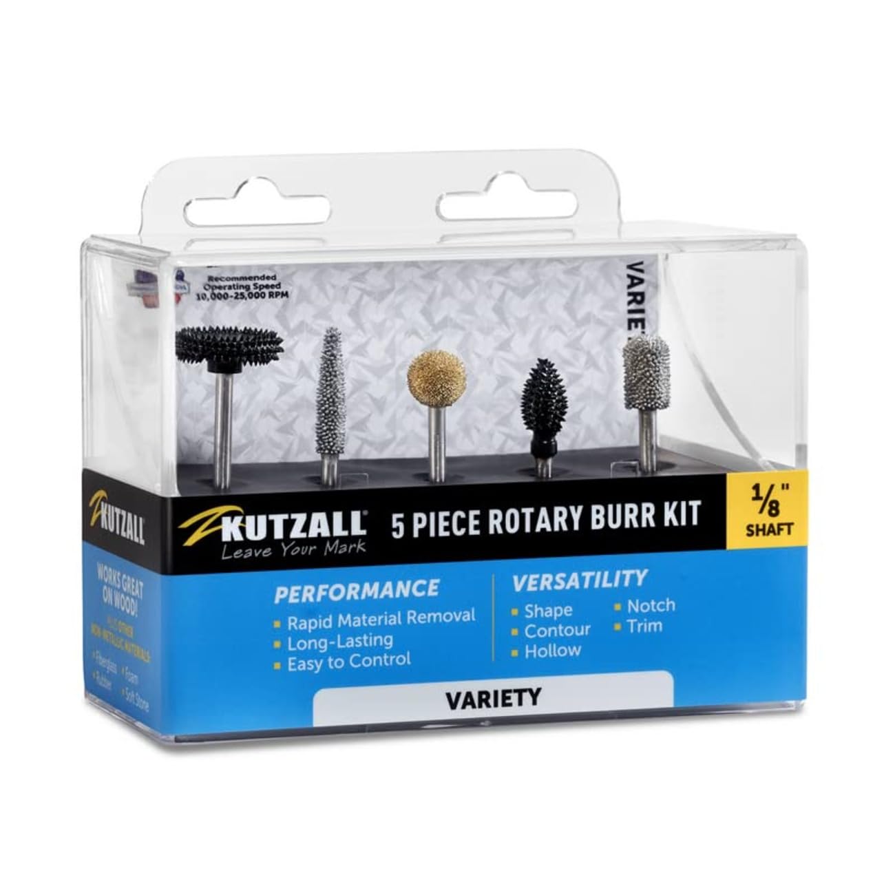 Kutzall 4-Piece Rotary Burr Detail Kit - 1⁄8" Shaft, Fine – Wood Carving Bit for Dremel, Foredom, Ryobi, DeWalt, Milwaukee Tools - Structured Tungsten Carbide, 18FKIT02 — Amazon image 10