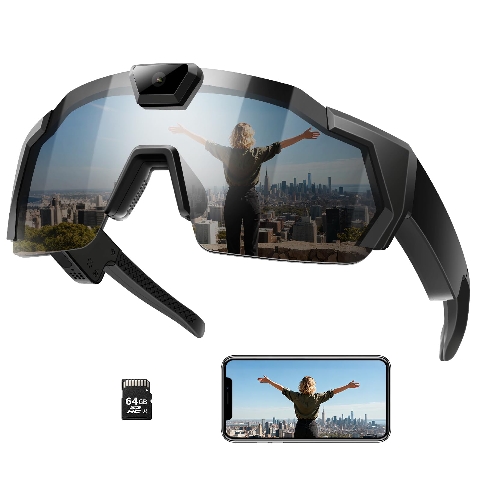 Photo 1 of *SD CARD NOT INCLUDED* ZEYEHU Smart Camera Glasses for Action Sports, HD Video Recording Glasses with 64GB Memory, Action Audio Camera Sunglasses for Men Women Outdoor(Black)