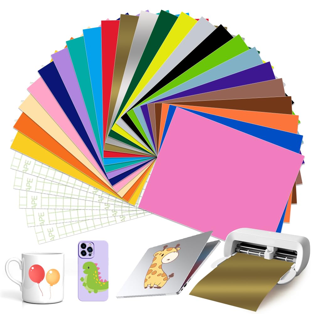 23 colori Smart Adhesive Vinyl Permanent per Cricut Joy Xtra, Smart Vinyl Permanent con 5 pellicole di trasferimento 24x30,5cm autoadesive, pellicole viniliche kit per plotter vinilico per fai da te