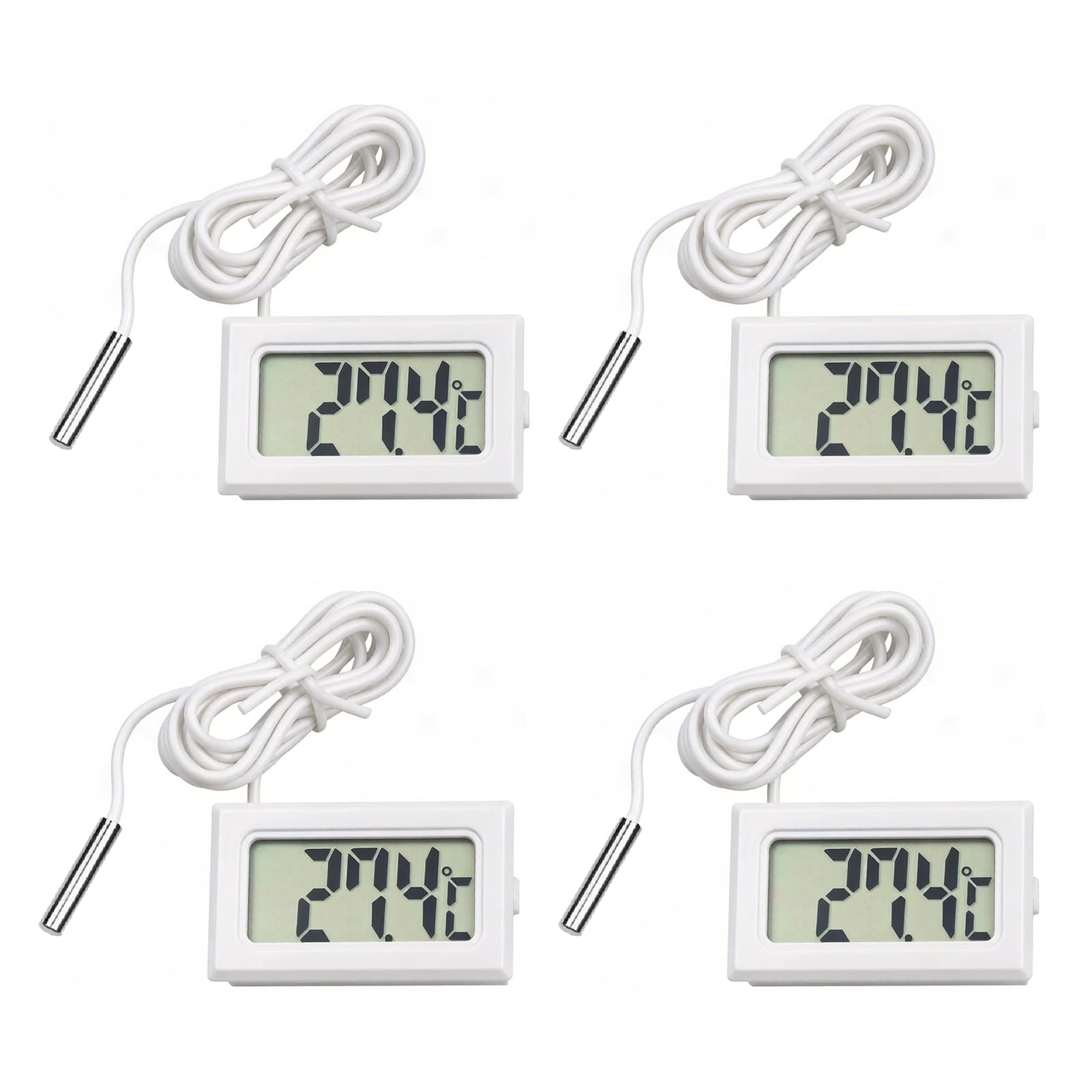 4 Stück LCD Digital Thermometer mit Externem Metall Sensor, Thermometer mit Fühler 1m Kabel, Mini Temperaturtester für Kühlschrank, Gefrierschrank, Aquarium, LCD Anzeige, Präzise Temperaturmessung