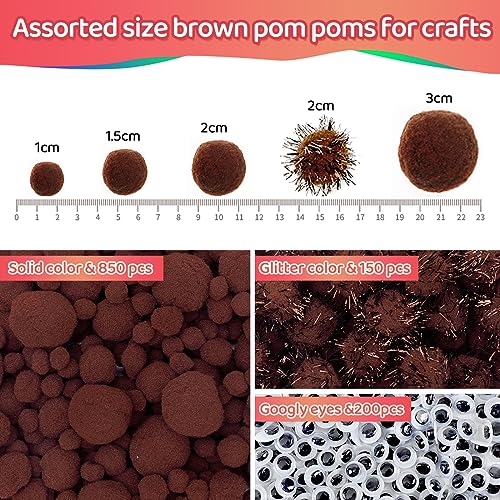 Image of Iooleem Brown Pom Poms, 1200pcs Assorted Size for Arts and Crafts, Balls With Wiggle Eyes in Jar, Glitter Pompoms, Craft Supplies