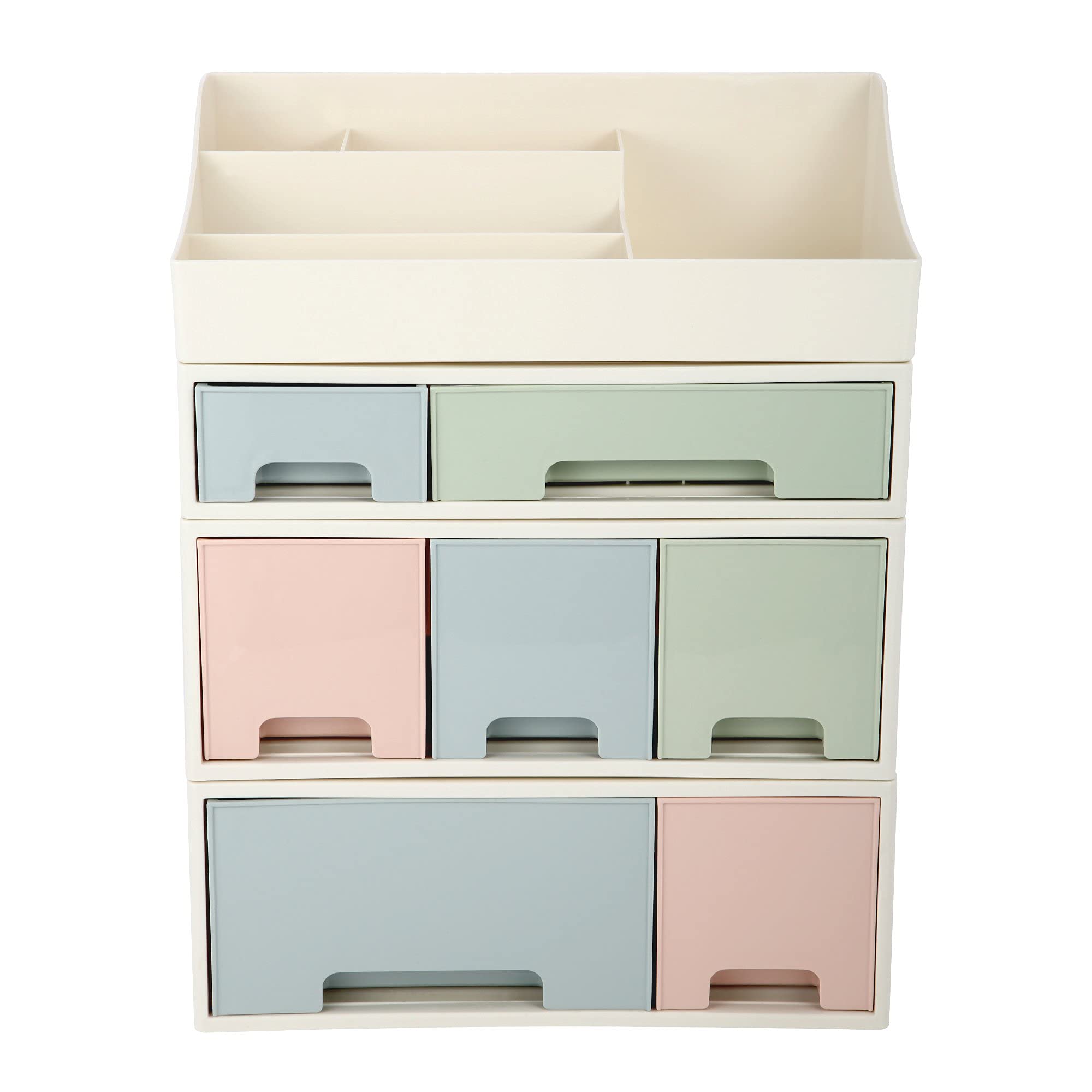 Makeup Organizer, Cosmetic Storage Box, ROSELIFE [TADE-02] Desktop Stationery, Remote Control Storage Box, Kitchen Spices Organizer Box, 4 Pieces 7 Drawers, 5 Slots, Blue, Pink and Green Assortment