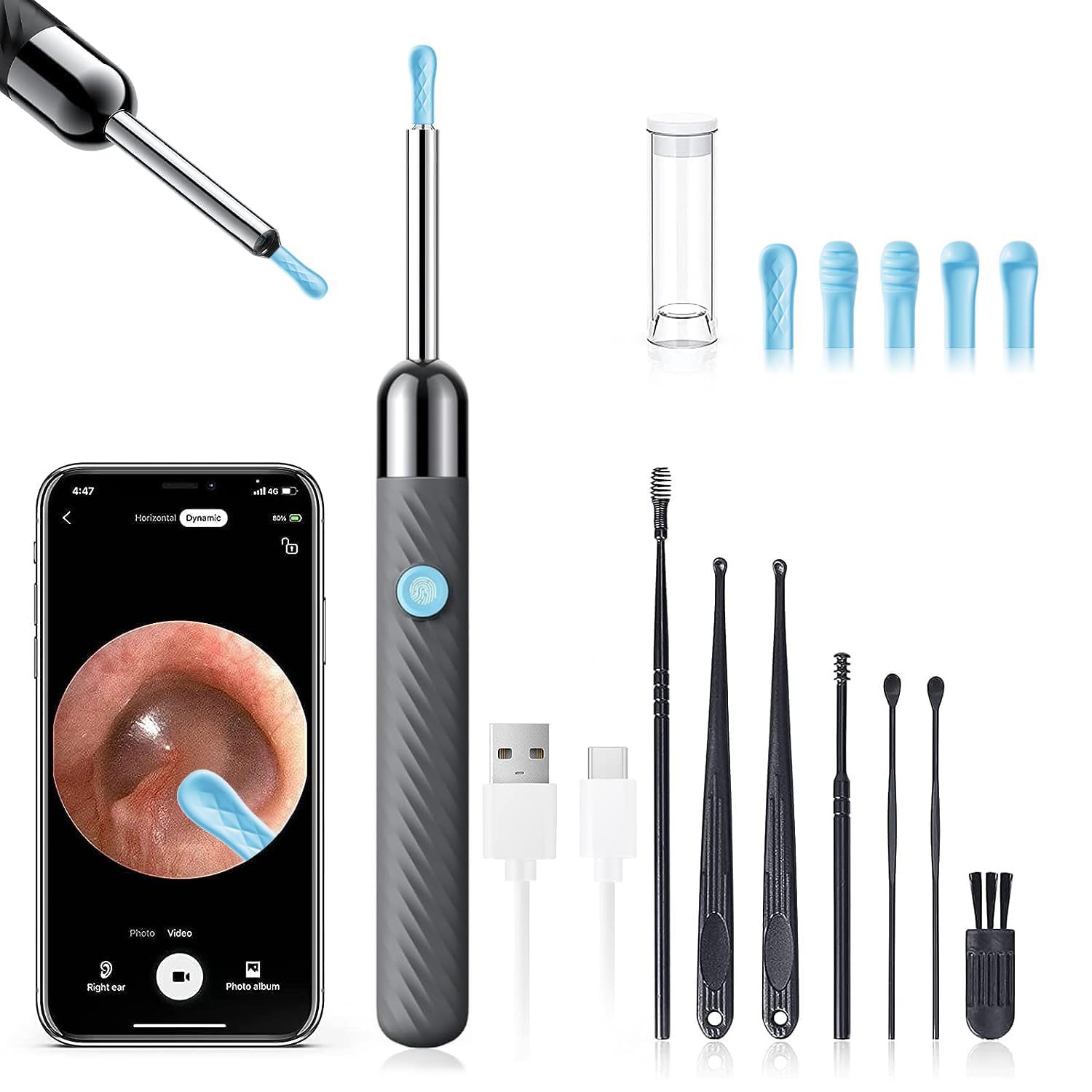Ear Canal Cleaner with 1080P Camera - Earwax Remover Tool with 7 Pcs Ear Set - Ear Cleaning Kit with 6 Ear Spoon - Ear Camera for iOS & Android (Grey)