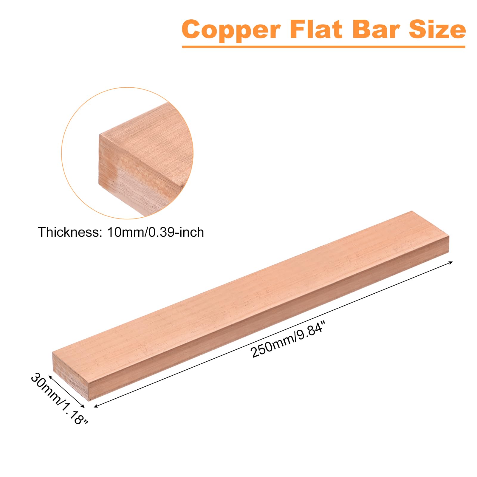 sourcing map Kupfer-Flachstange, 0,95 cm Dicke x 4,5 cm Breite x 25,4 cm Länge, Kupfer-Sammelschiene, Plattenmühle für elektrische Geräte (10 mm x 30 mm x 250 mm)