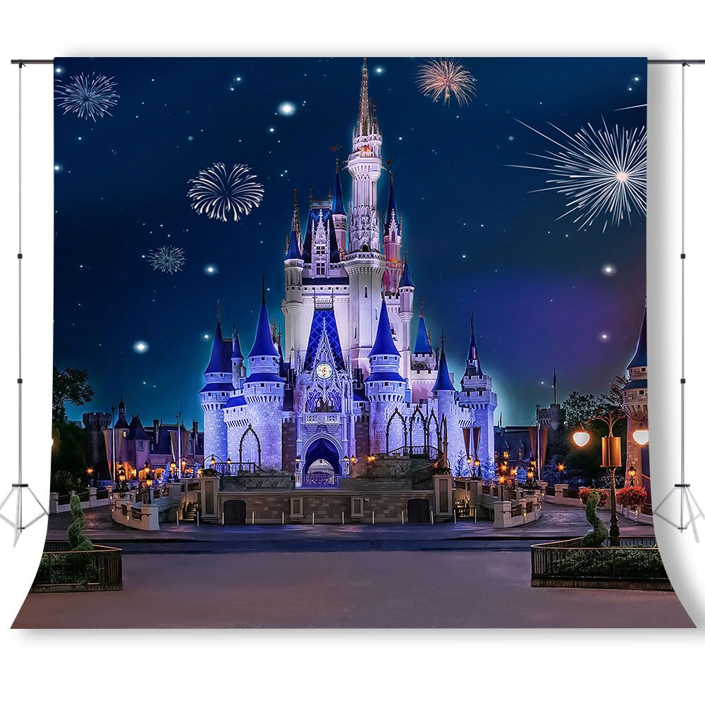 KUKUSOUL 8x8ft Castle Backdrop Night Scene Background Blue Castle Fireworks Show Background for Kids Party Family Holiday Birthday Portrait Photoshoot