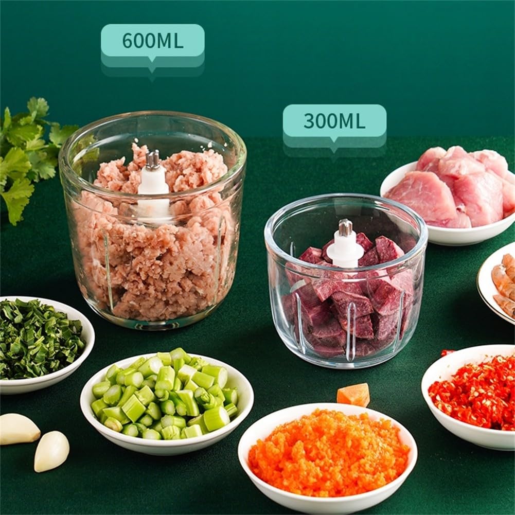 Molinillo eléctrico de carne para picadora de verduras y cebolla con 2 cuencos, hoja de acero inoxidable, procesamiento rápido de 5 a 30 segundos, para alimentos de bebé, ensalada, salsas