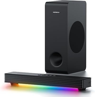 Sound Bar with Subwoofer for TV Computer Speakers for Desktop PC MEREDO 3.1CH Soundbar Surround Sound System Small Gaming RGB Sound Bars HD-ARC/AUX/Optical/BT 5.3/USB 5EQ Modes Treble & Bass Adjust
