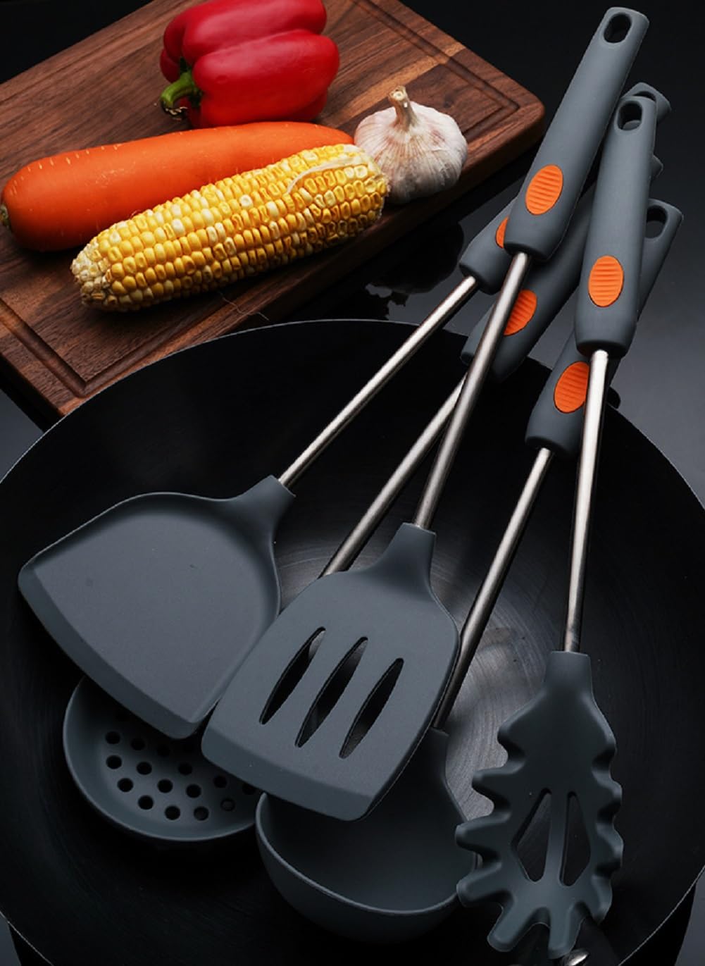 Küchenhelfer Set, 5 Stück Silikon Pfannenwender Kochlöffel Set, Hitzebeständig Küchenutensilien Set Mit Edelstahlgriff, Gesund & Spülmaschinenfest