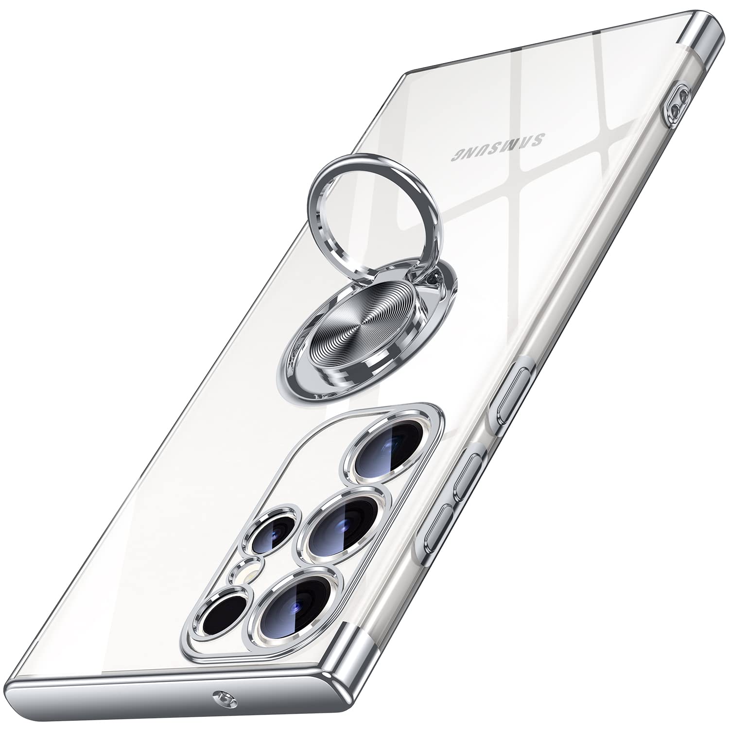 Galaxy S23 Ultra 用 ケース クリア リング付き Samsung ギャラクシー S23 ウルトラ/SC-52D / SCG20 カバー 透明 おしゃれ OURJOY スマホケース メッキ加工 ソフトケース 耐衝撃 軽量 薄型 ストラップホール付き スタンド機能 車載ホルダー対応 携帯ケース • シルバー