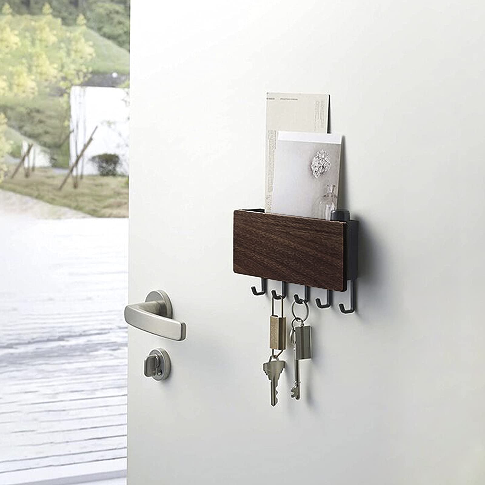 BXTKey Holder for Wall Adhesive Mail Holder with 5 Key Hooks for Entry Way Wooden Key Hanger Wall Mount for Entryway, Hallway, Mudroom,Kitchen, Office