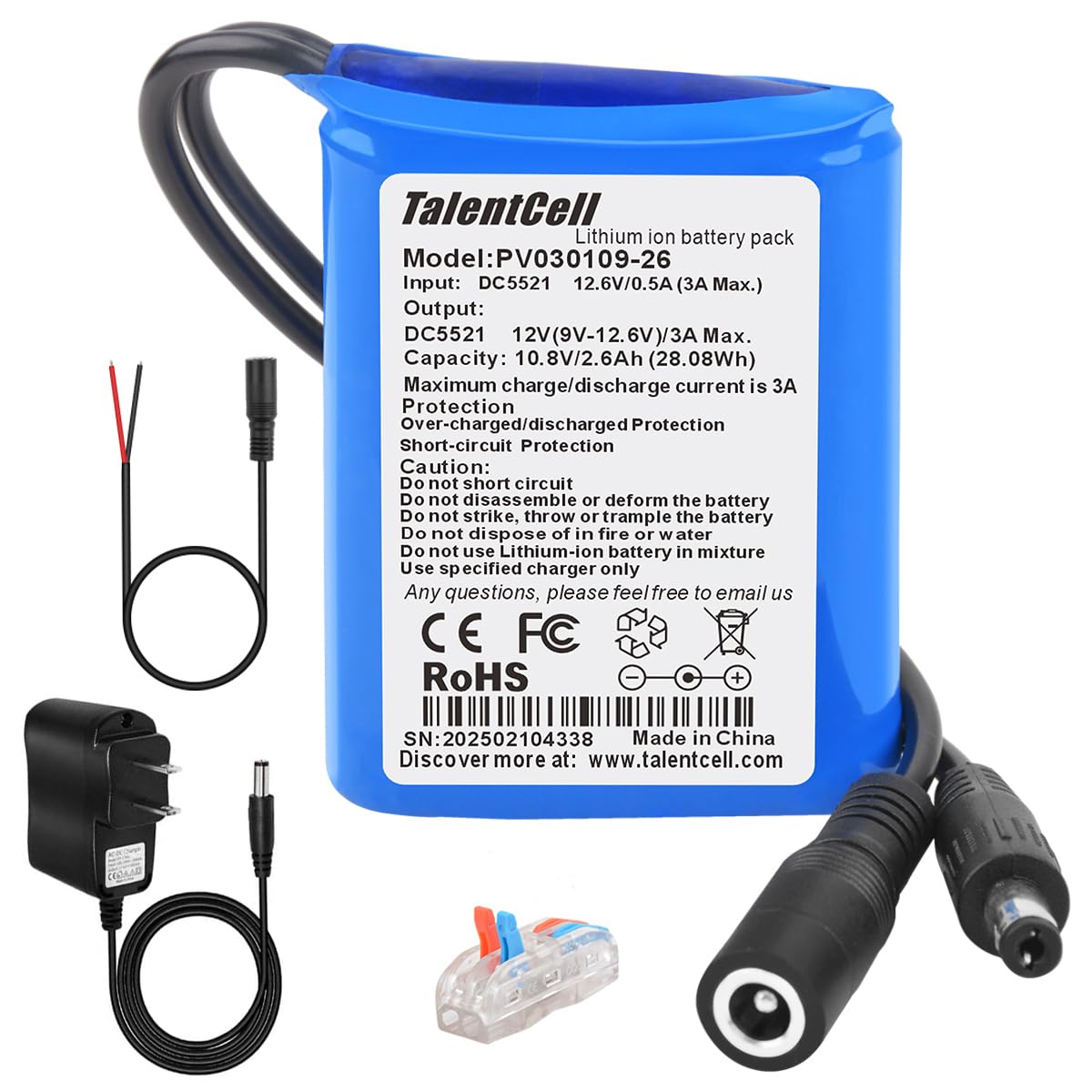 Talentcell 12V Rechargeable Lithium ion Battery Pack with Charger, 2600mAh Batteries with DC 12V Output for DIY Project, Radio, Fishing Light, RC Car,