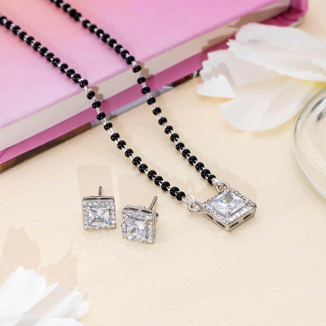 925 Sterling Silver Cubic Zirconia Mangalsutra Set with Stud Earrings