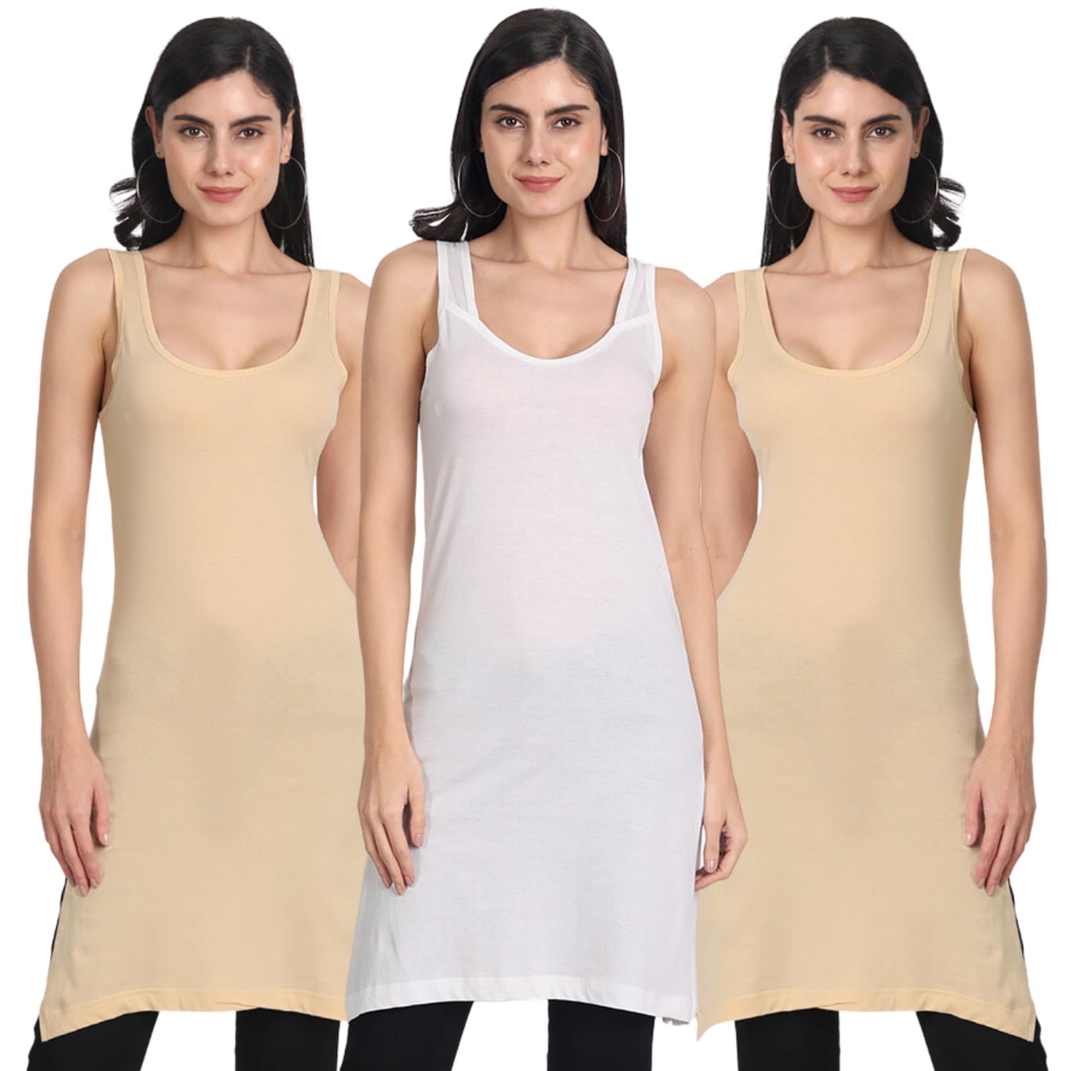 Women's Cotton Sleeveless Long Kurti Camisole Slip Spaghetti Sameez Pack of 3-image-9