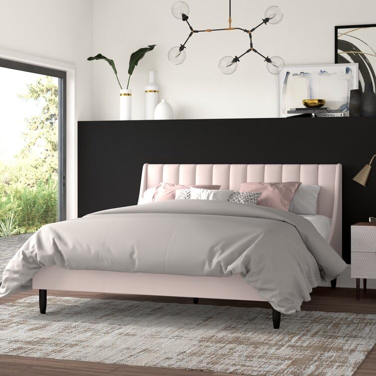 HITHOS Solid Wood Modern Upholstered Queen Size Bed with Wingback Headboard | Wooden Double Bed Cot Palang Without Storage (Pink) 3 Year Warranty-image-34