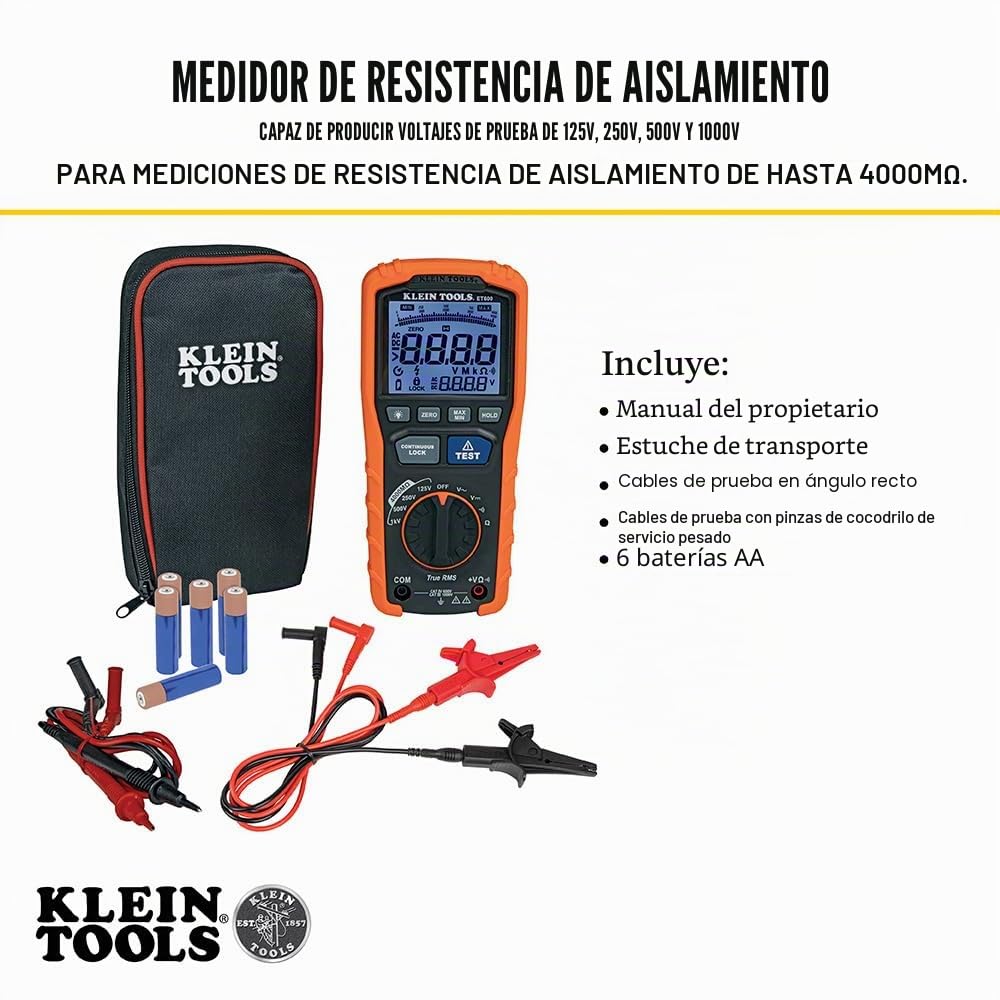 Klein Tools ET600, multímetro probador de resistencia de aislamiento, resistencia de 4000 megohm, voltaje de prueba de 125 V/250 V/500 V/1000 V