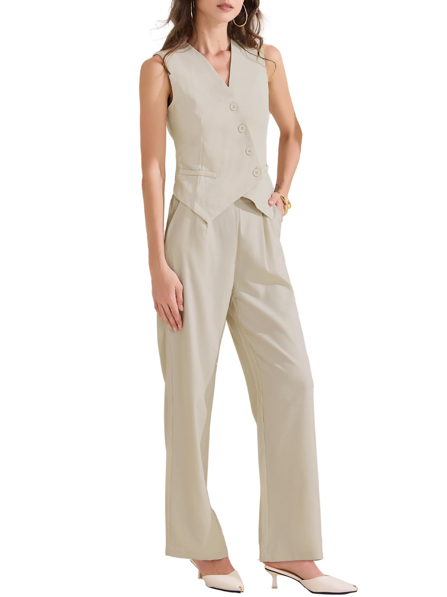 Allegra K Tenue 2 pièces pour femme - Blazer sans manches - Gilet - Pantalon large - Style décontracté