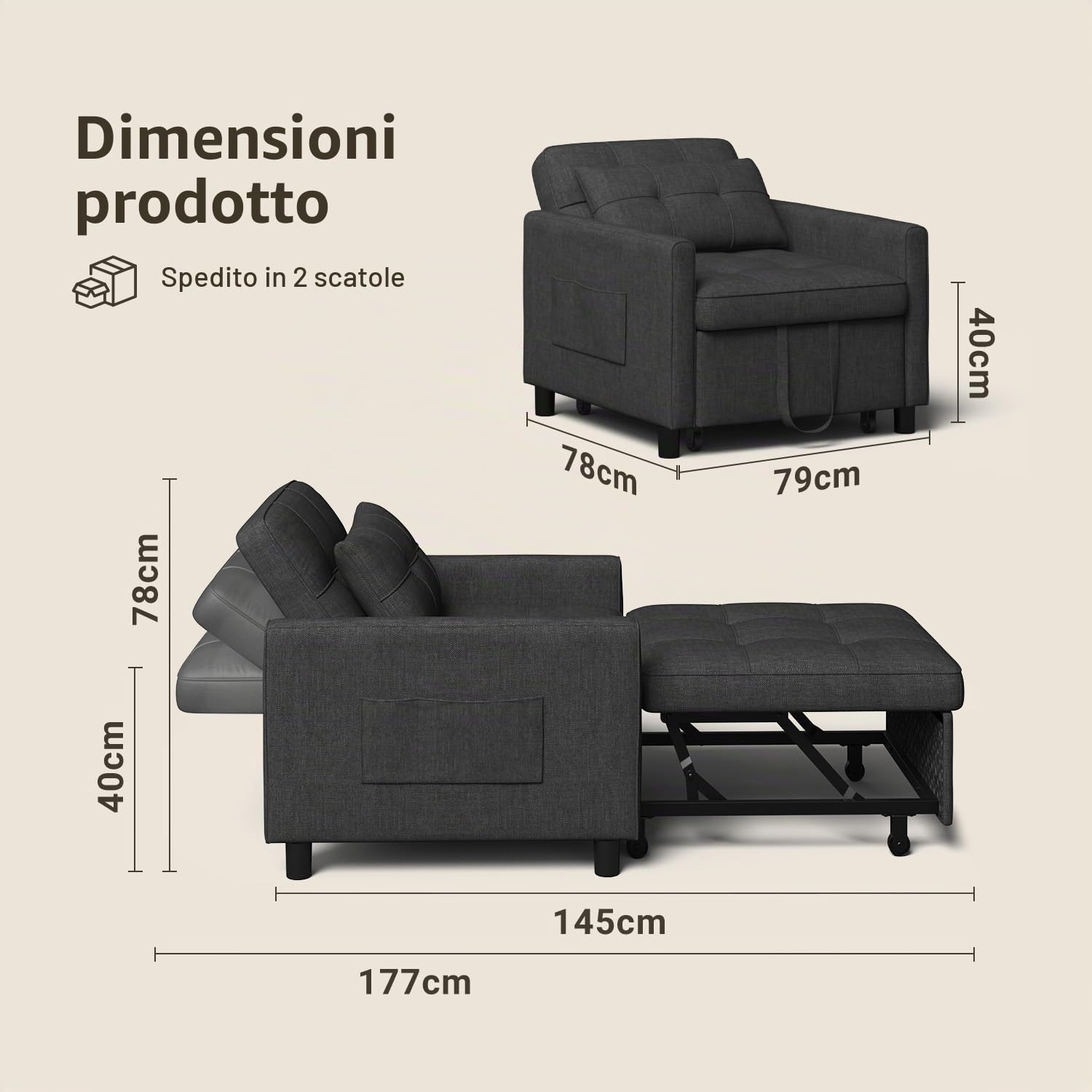 Xbro Poltrona Letto Singolo 3 in 1, Schienale Regolabile, Divano Relax Salvaspazio con Borsa Integrata per Appartamento/Camera da Letto