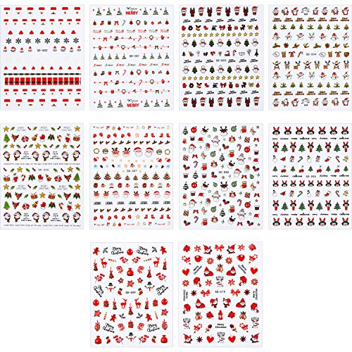 900+ Pieces Christmas Nail Art Stickers 3D Nail Art Stickers Santa Claus Xmas Tree Bells Reindeer Snowflakes Decals for Woman Favors (10 Sheets)