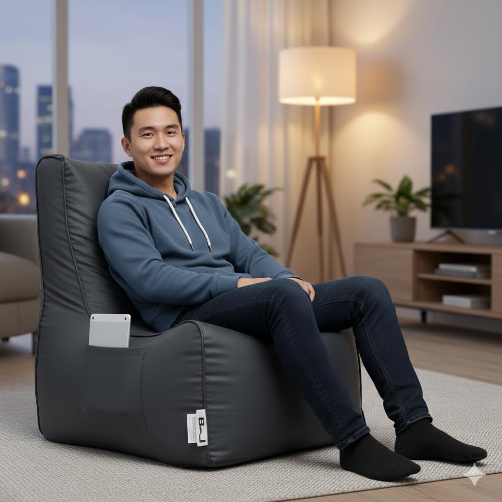 BJ ALUMINIUM Bean Bag Chair for Adults & Kids | High Back Support, Leatherette Bean Bag with Mobile Pocket |Seating for Living Room, (Cover Only Without Bea (Black, 5XL, Bean Bag) 2
