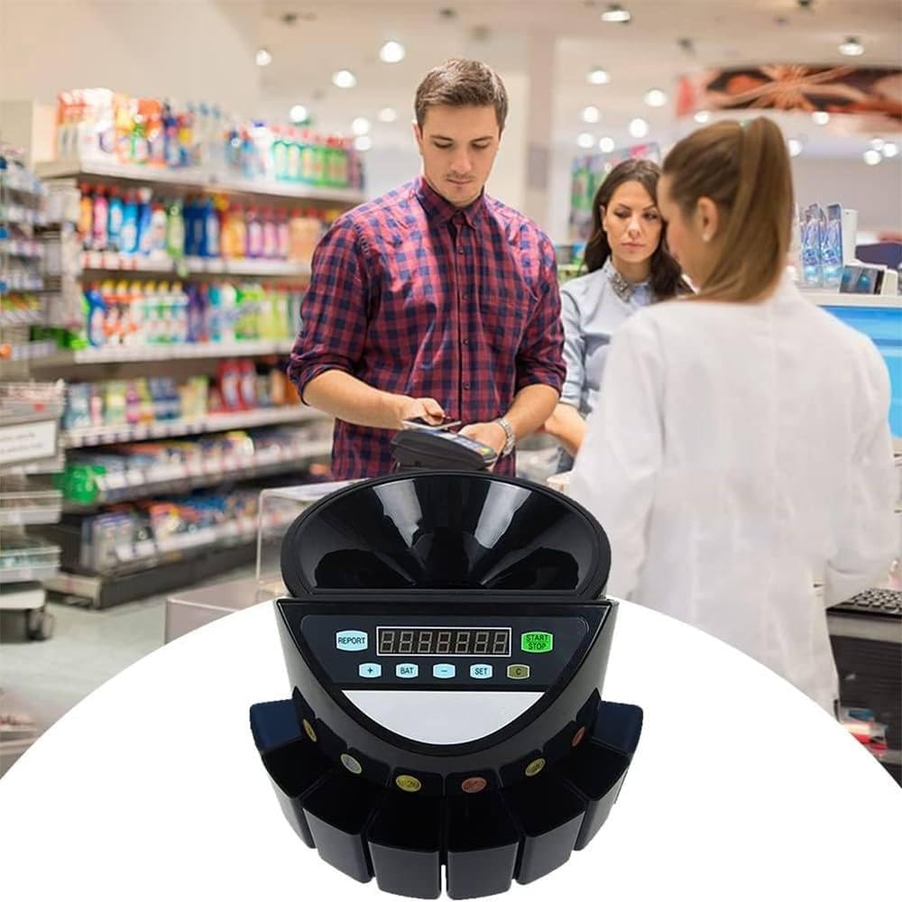 Contamonete, contamonete Automatico Elettrico, Display a LED, per Monete e gettoni di Tutti i Tipi (Black)