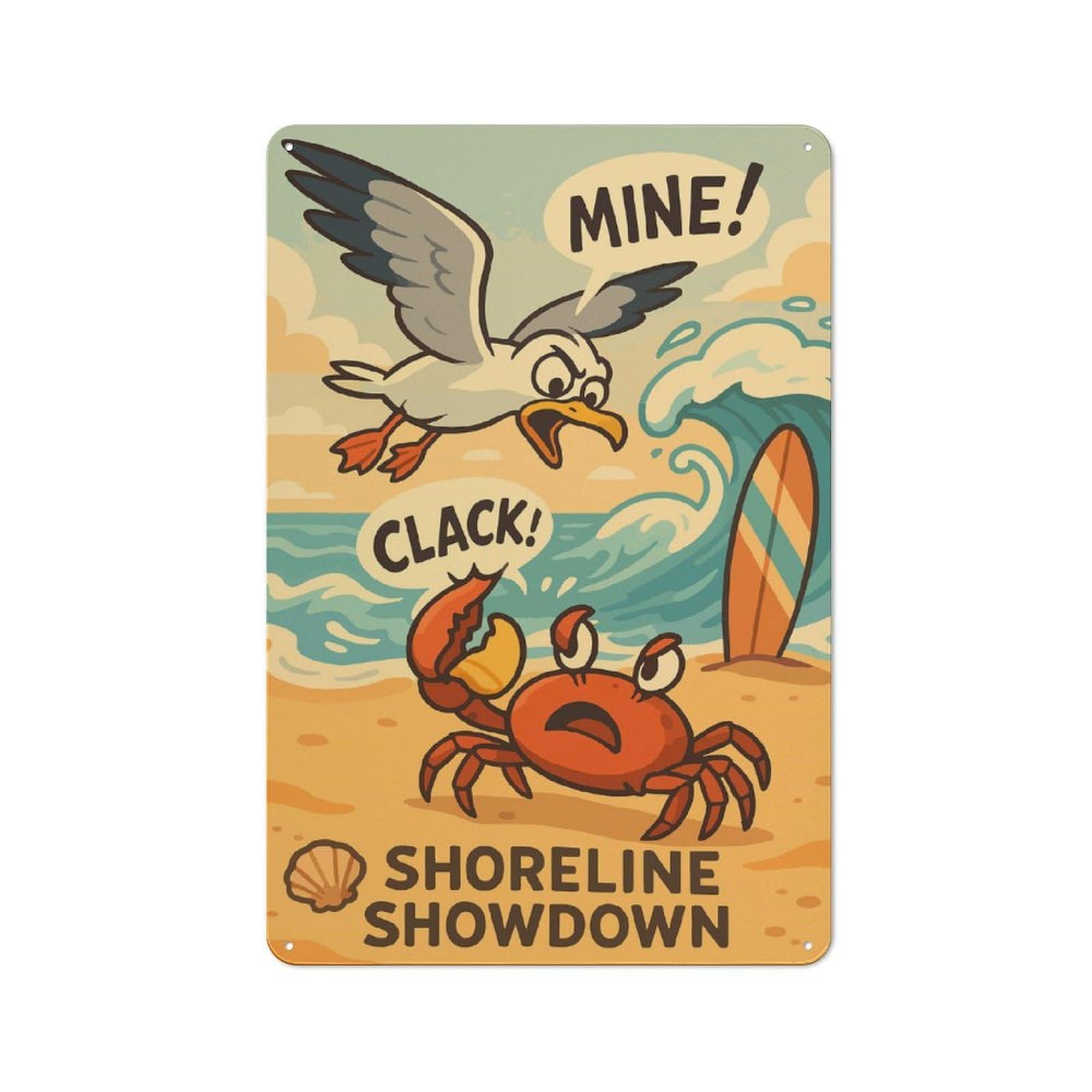 Junmoney Shoreline Showdown Crab Vs. Seagull Metal Wall Sign 30X20cm, Modern Retro Loft Wall Plaque For Flat, Bar, Studio Or Gallery Wall