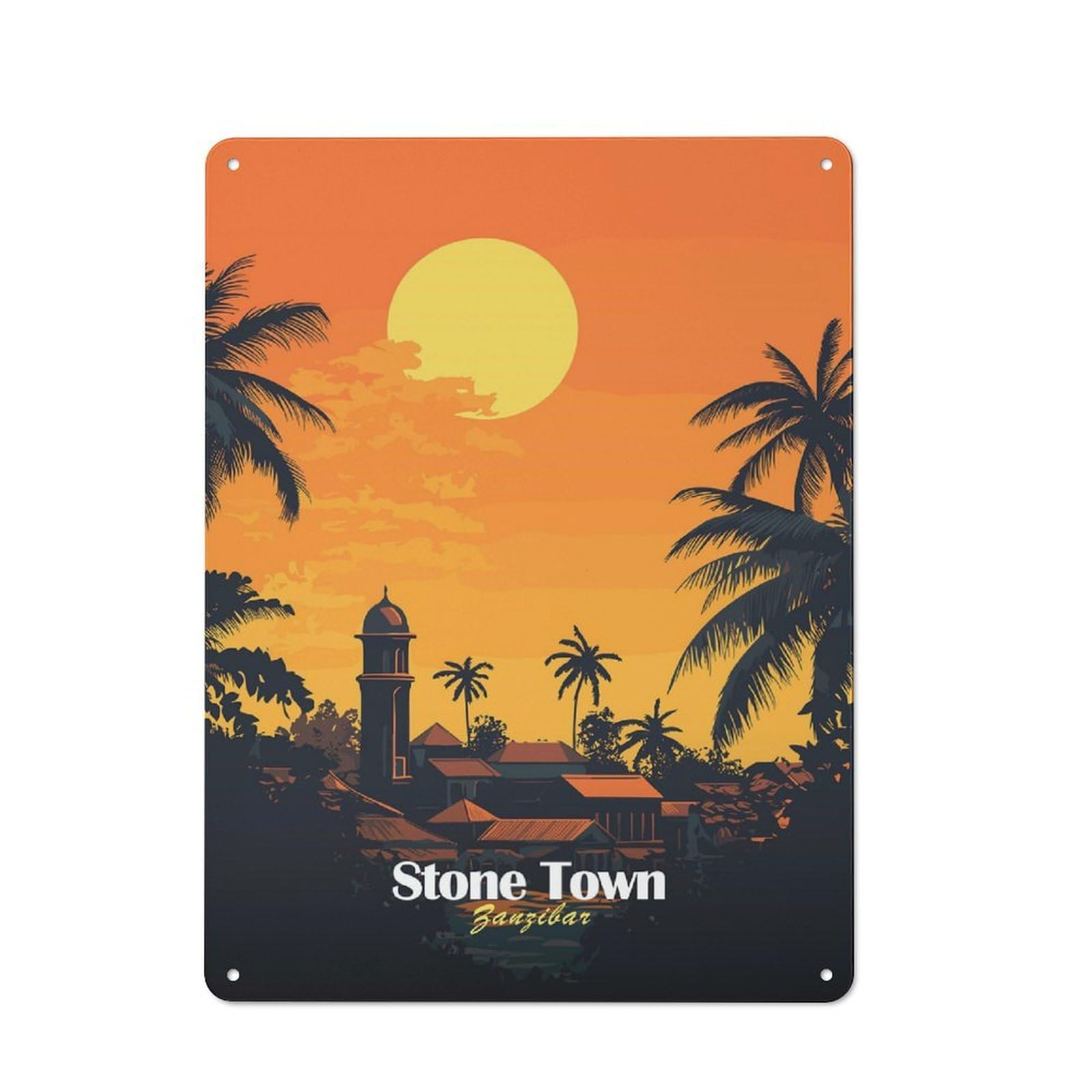 Stone Town Zanzibar Sunset Cottage Style Metal Wall Decor 40x30cm, Tin Wall Plaque for Kitchen, Cottage, Porch Or Garden Room