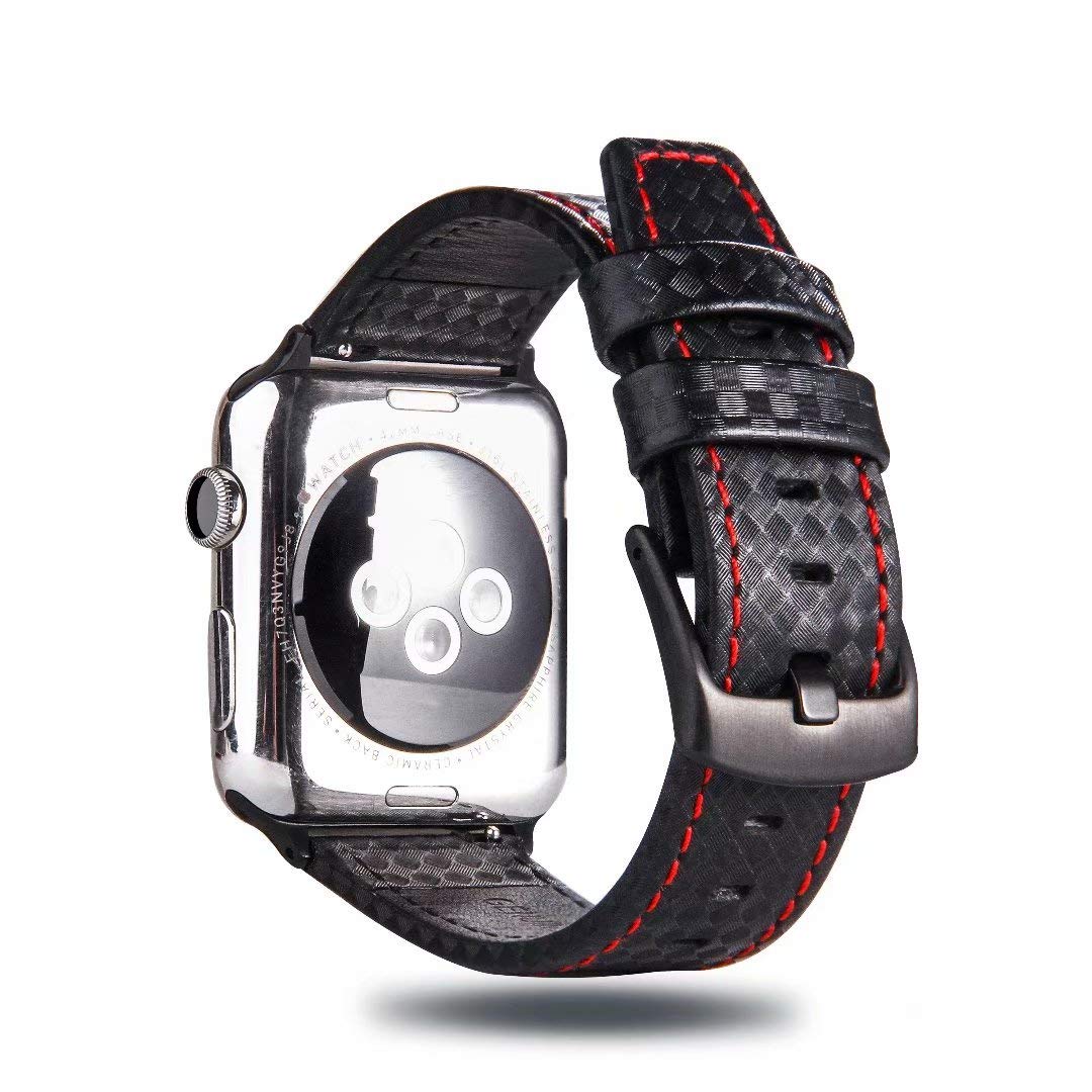 Carbon Fiber Texture Genuine Leather Band Strap High-Gloss/Twill Weave Finish Wristband Bracelet Compatible with 44mm 42mm Apple Watch Series 4 3 2 1 (Black/Red)