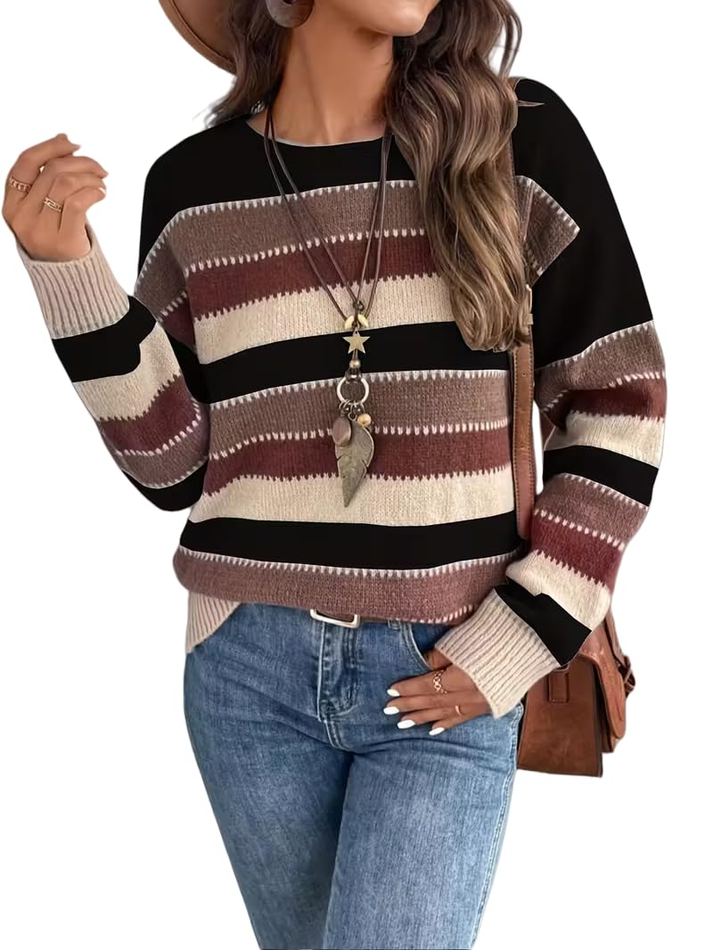 Striped Knit Sweater Long Sleeve Crew Neck Brown Black Beige Color Block Pattern