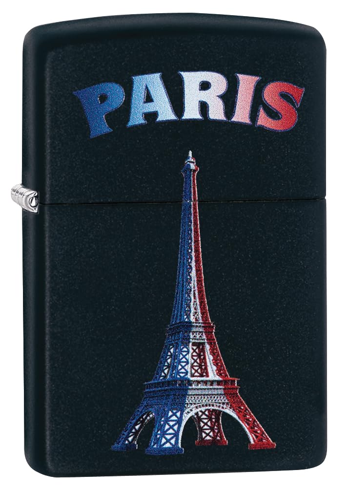 Zippo Sturmfeuerzeug - Paris Eiffel Tower Flag, Black Matte, Color Image - Nachfüllbar - Wiederverwendbar - Windfestes Design - Geschenkbox - Made in USA