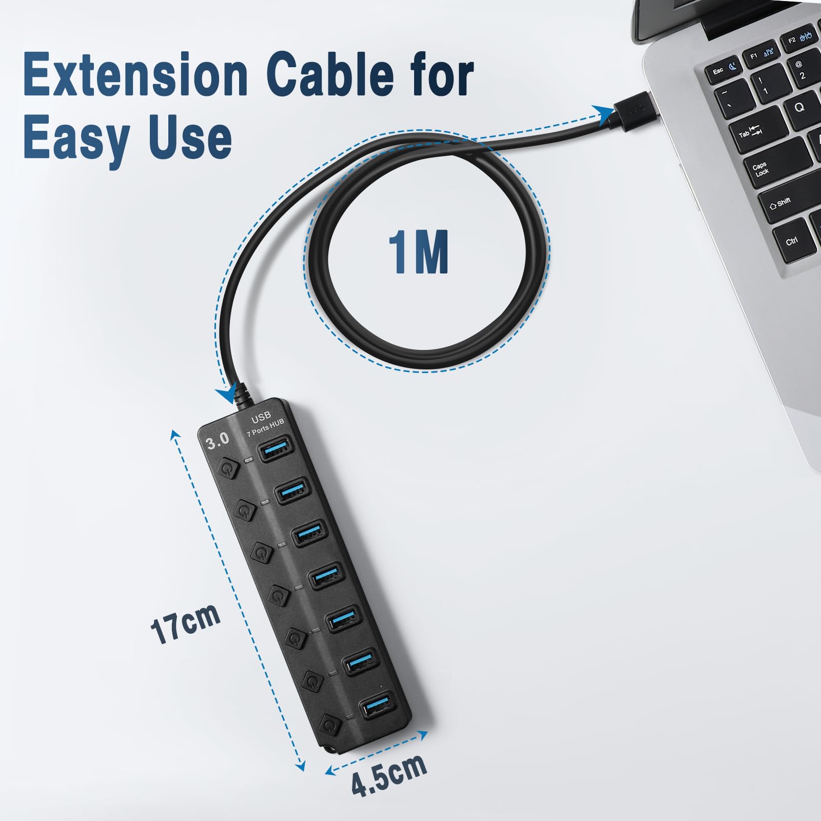 Hoppac Hub USB Multipresa a 7 Porte (1 USB 3.0 6USB 2.0) con Interruttori Indipendenti, Spie LED e Cavo da 1m - Ciabatta USB Multi Porte Plug & Play per PC, Laptop