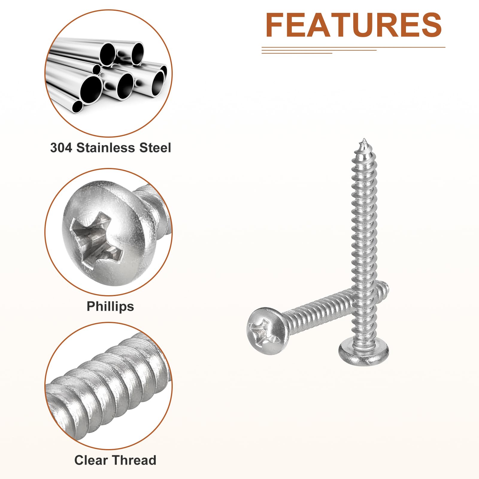 DTGN #6x1-1/4" Phillips Pan Head Self-tapping Screw - 50Pack - Bright Finish 304 Stainless Steel Sheet Metal Screws Wood Screws - Image 4