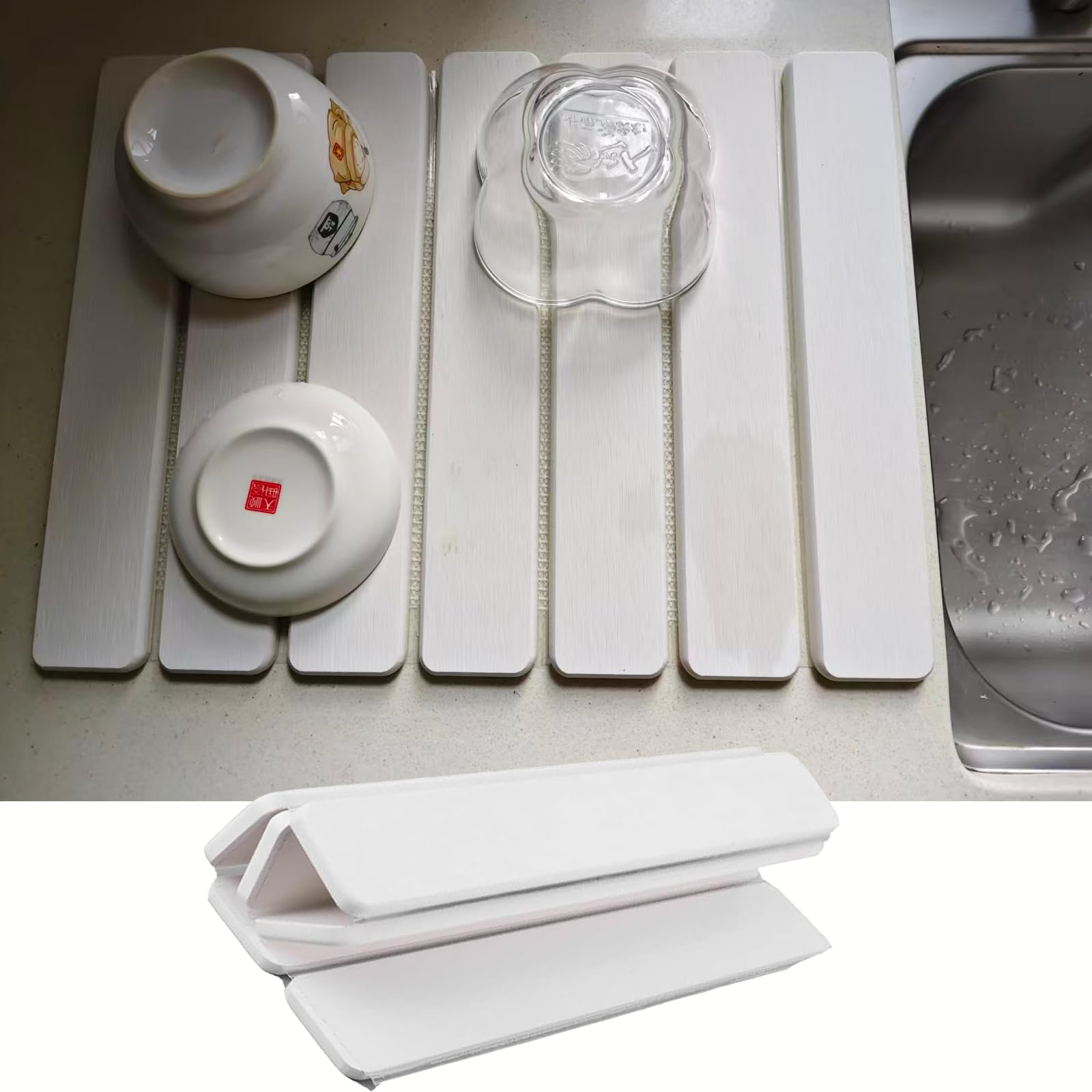 Stone Drying Mat Kitchen, 40x30cm Foldable Stone Dish Drying Mat, Quick Dry Diatomite Surface, Non-Slip Drying Stone for Dishes Bottles Cups Bathroom Any Countertop (White)