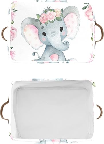 Miniatura 3 de Contenedor de almacenamiento personalizado con diseño floral rosa de elefante bebé con nombre, impermeable, con asas, para cestas de regalo, bolsa